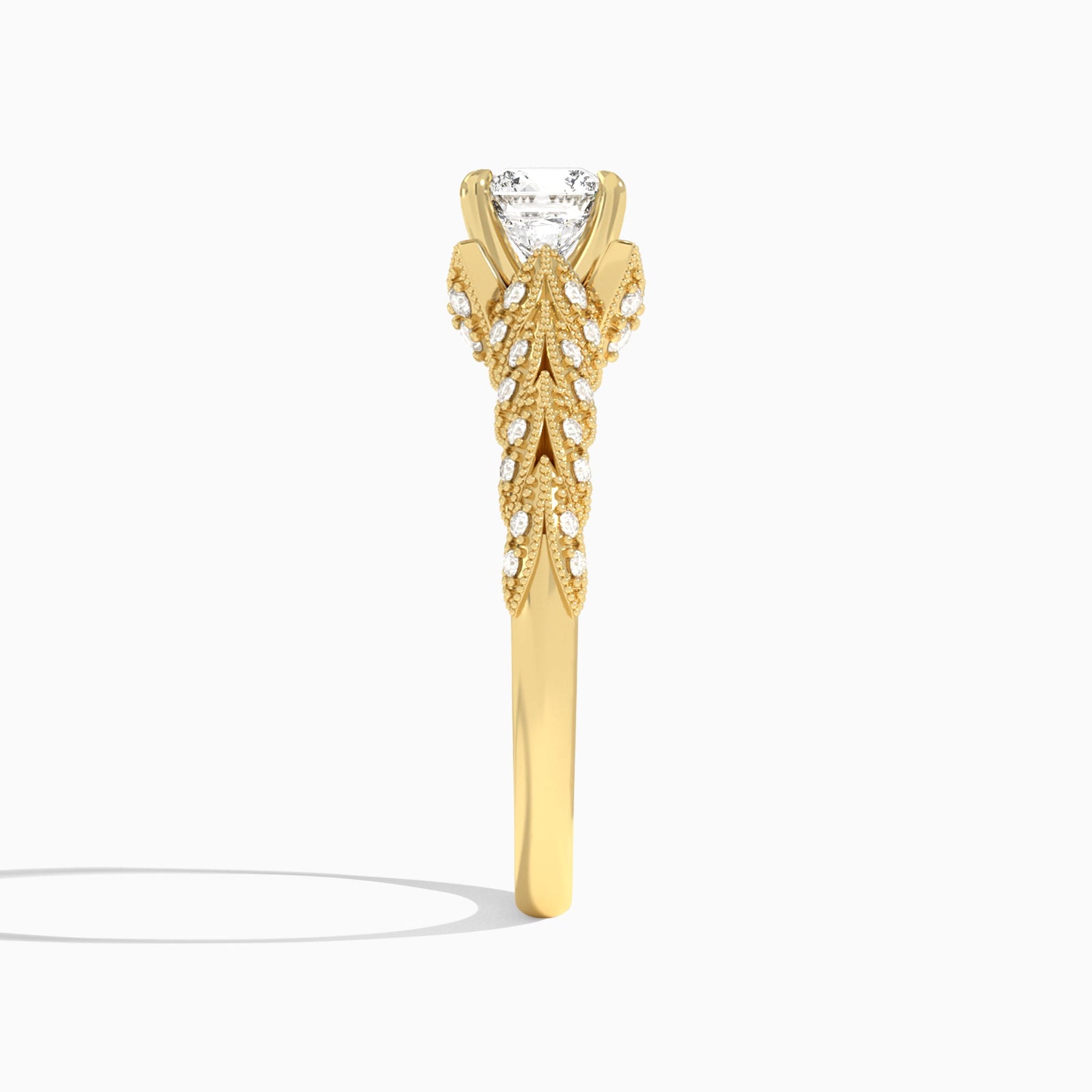 Cushion Laurel Diamond Engageemnt Ring In 14K Yellow Gold, Side View