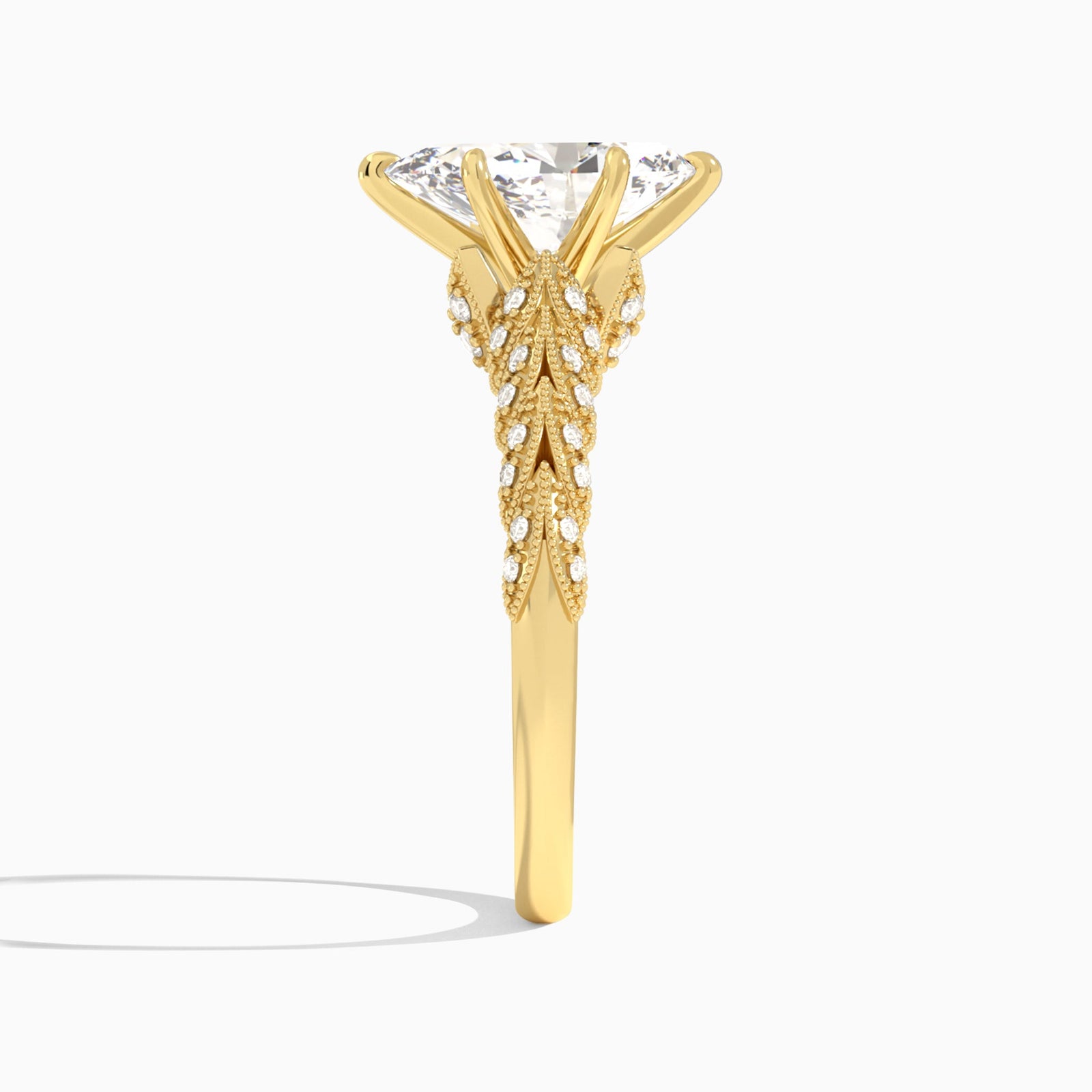 Pear Laurel Diamond Engageemnt Ring In 14K Yellow Gold, Side View