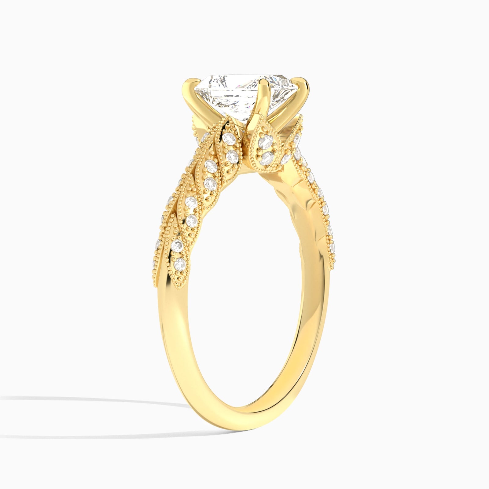 Radiant Laurel Diamond Engageemnt Ring In 14K Yellow Gold, Angle View