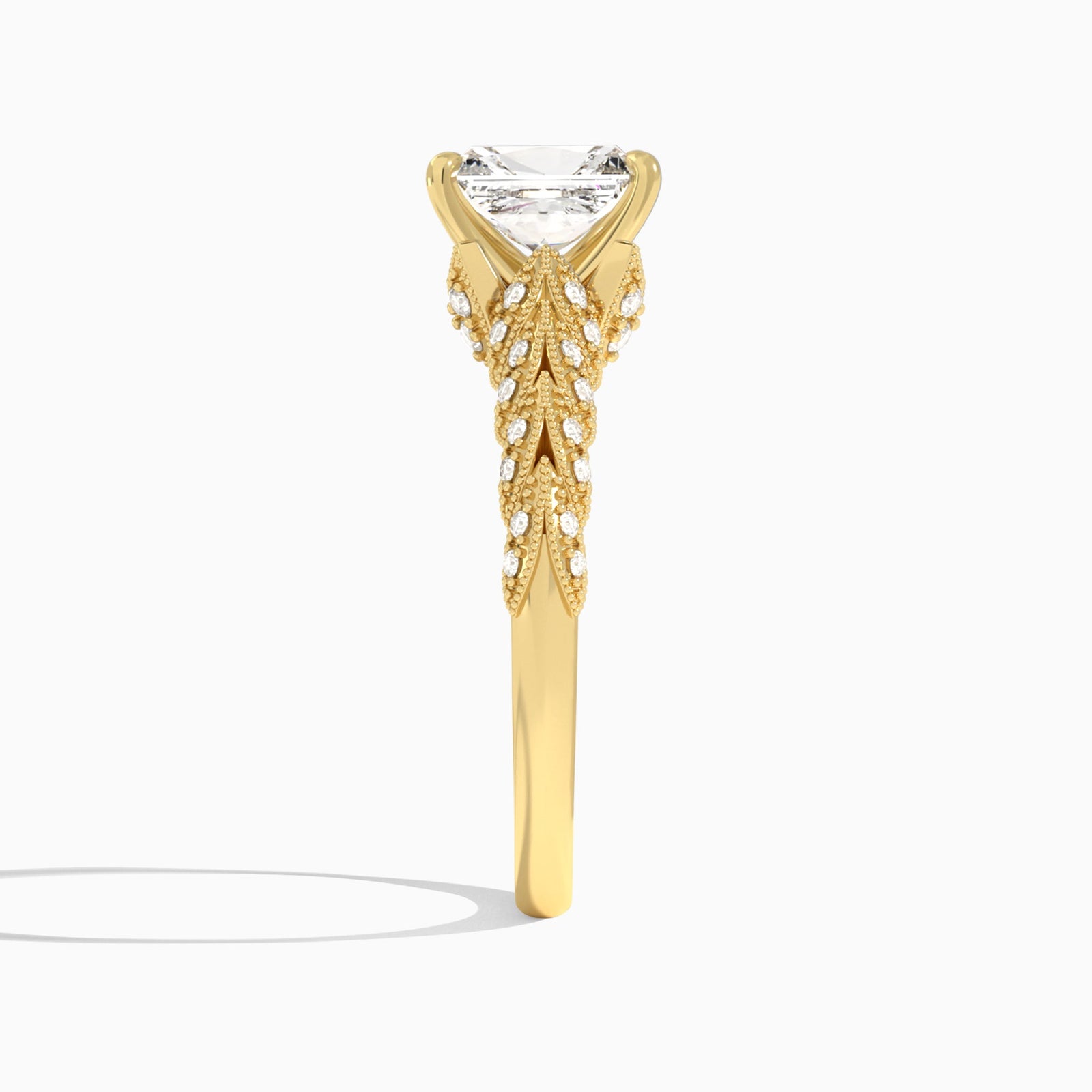 Radiant Laurel Diamond Engageemnt Ring In 14K Yellow Gold, Side View