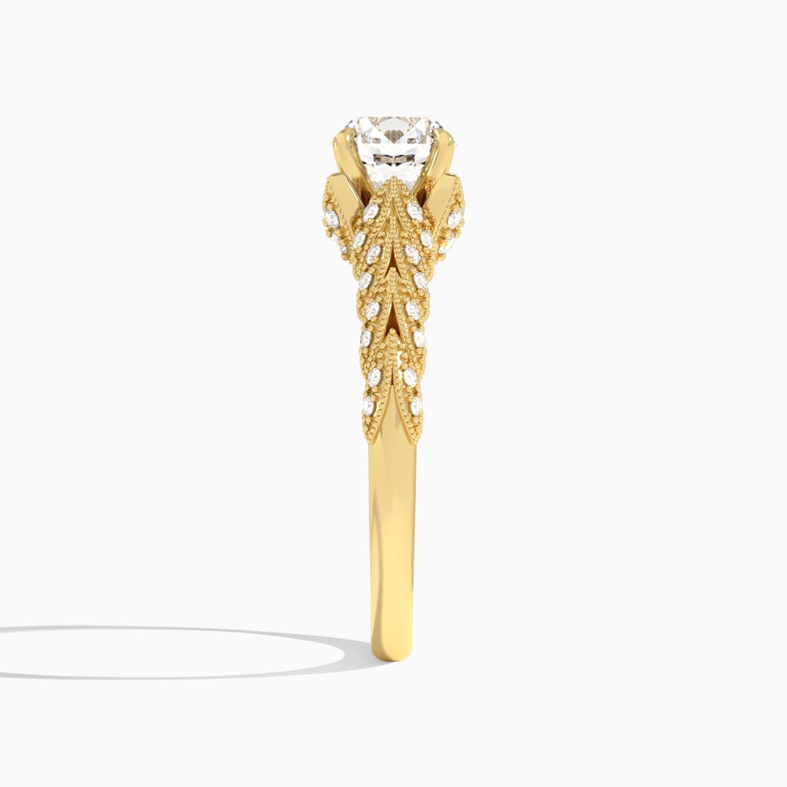 Round Laurel Diamond Engageemnt Ring In 14K Yellow Gold, Side View