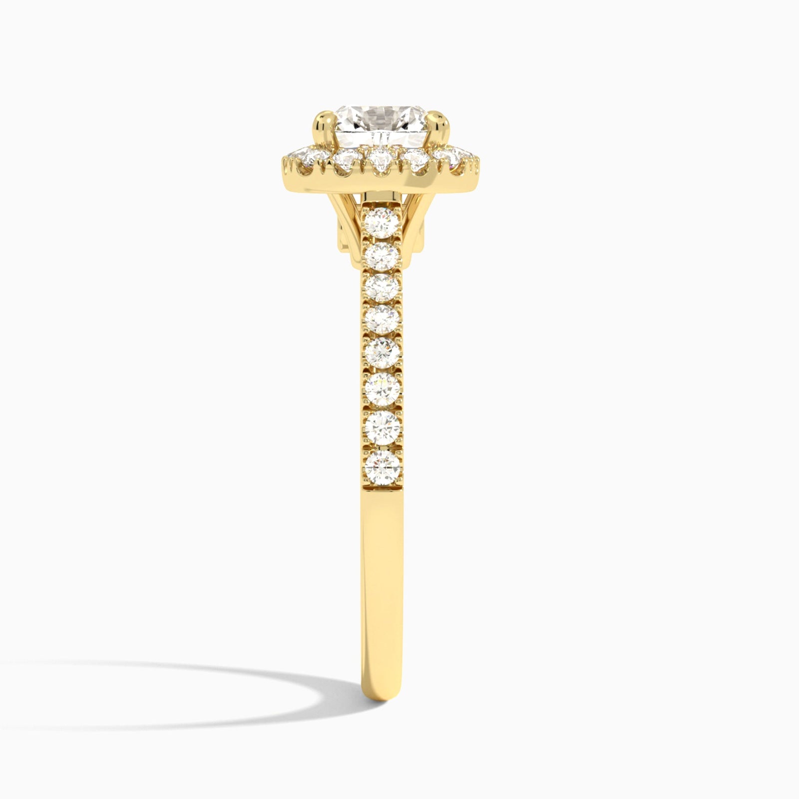 Cushion Gwendolyn Halo Lab Diamond Engagement Ring In 18K Yellow Gold, Side View