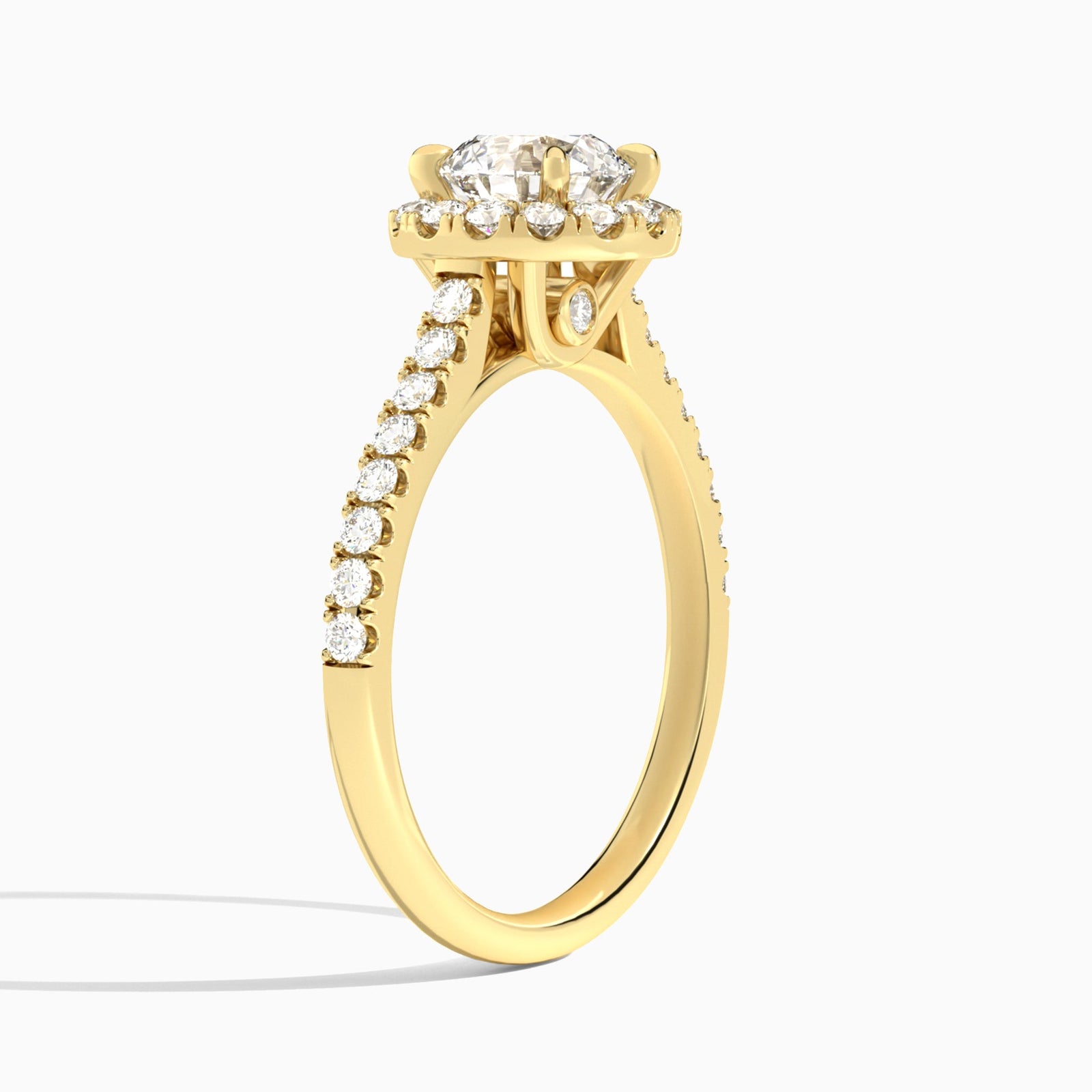 Round Gwendolyn Halo Lab Diamond Engagement Ring In 14K Yellow Gold, Angle View