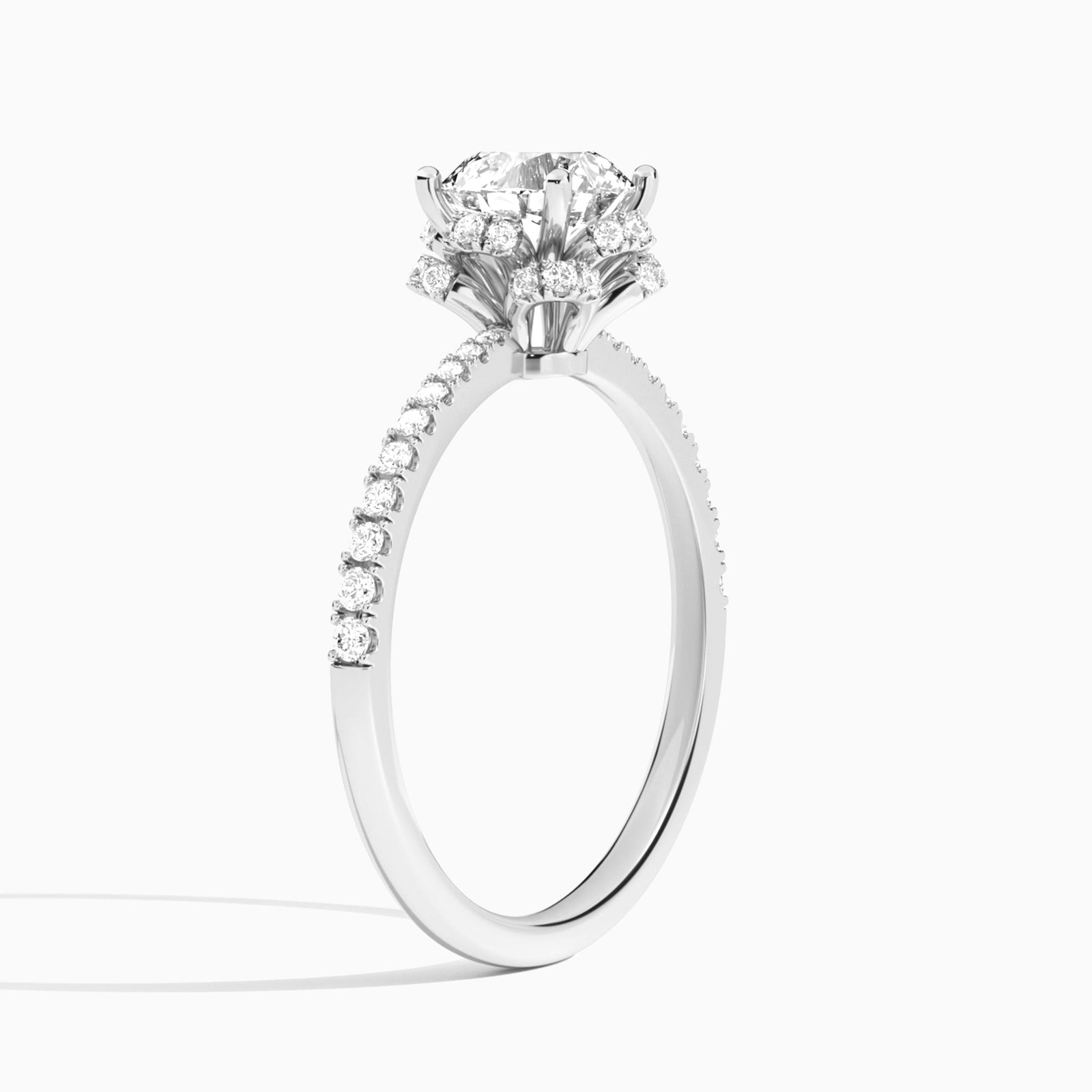 Round Dorothea Lab Grown Diamond Engagement Ring In Platinum, Angle View