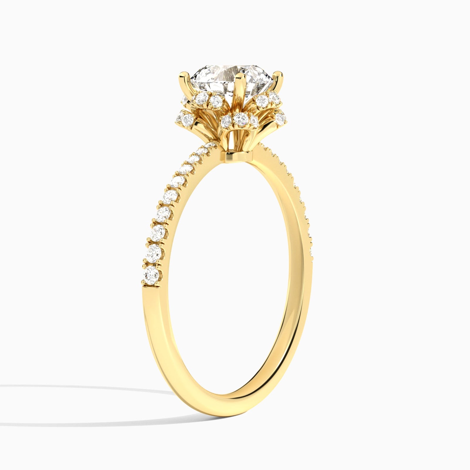 Round Dorothea Lab Grown Diamond Engagement Ring In 14K Yellow Gold, Angle View