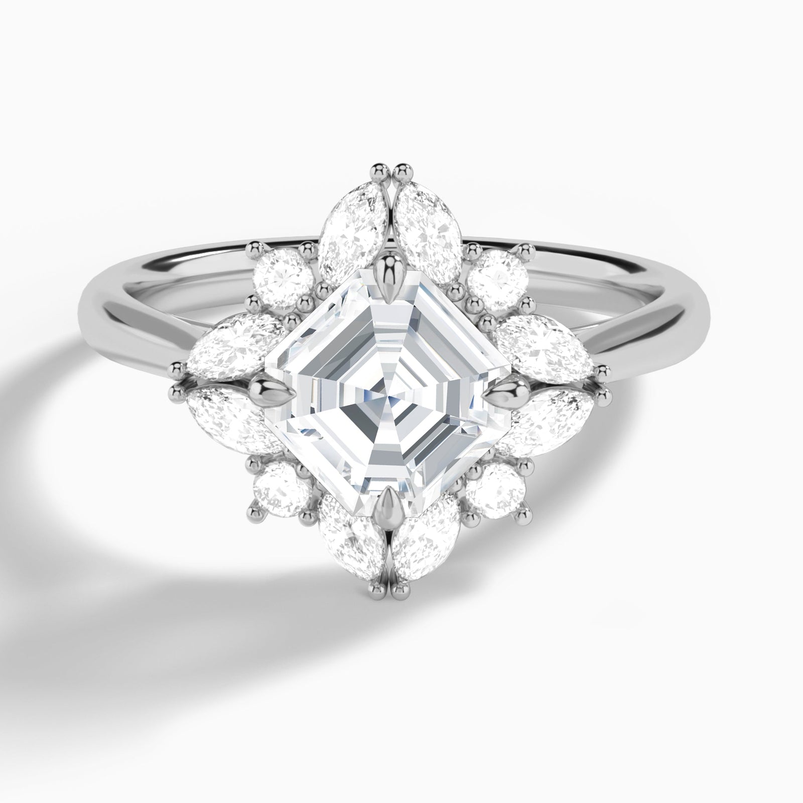 Asscher Dahlia Halo Lab Grown Diamond Engagement Ring In 18K White Gold - Lucenjuri