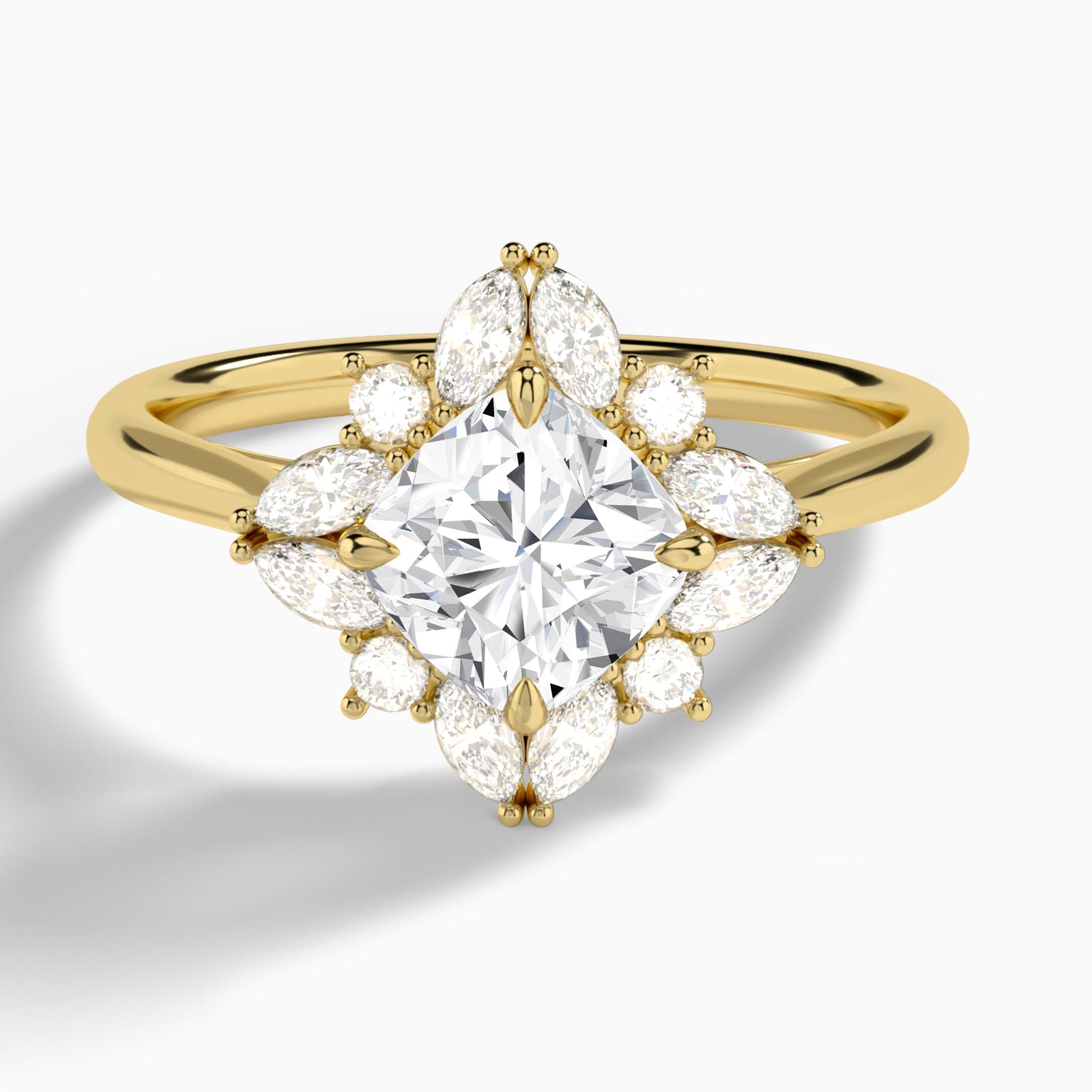 Cushion Dahlia Halo Lab Grown Diamond Engagement Ring In 14K Yellow Gold - Lucenjuri