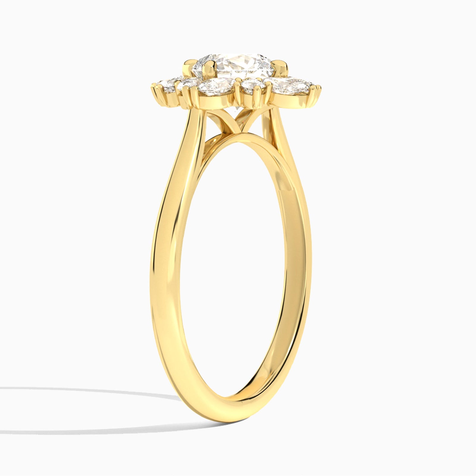 Cushion Dahlia Halo Lab Grown Diamond Engagement Ring In 14K Yellow Gold, Angle View