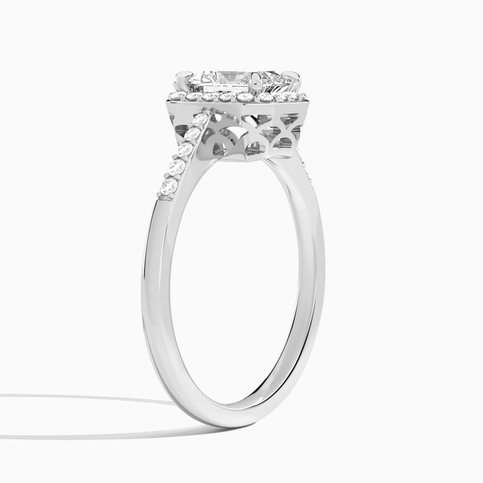 Radiant Sovereign Charm Halo Lab Diamond Engagement Ring In 14K White Gold, Angle View