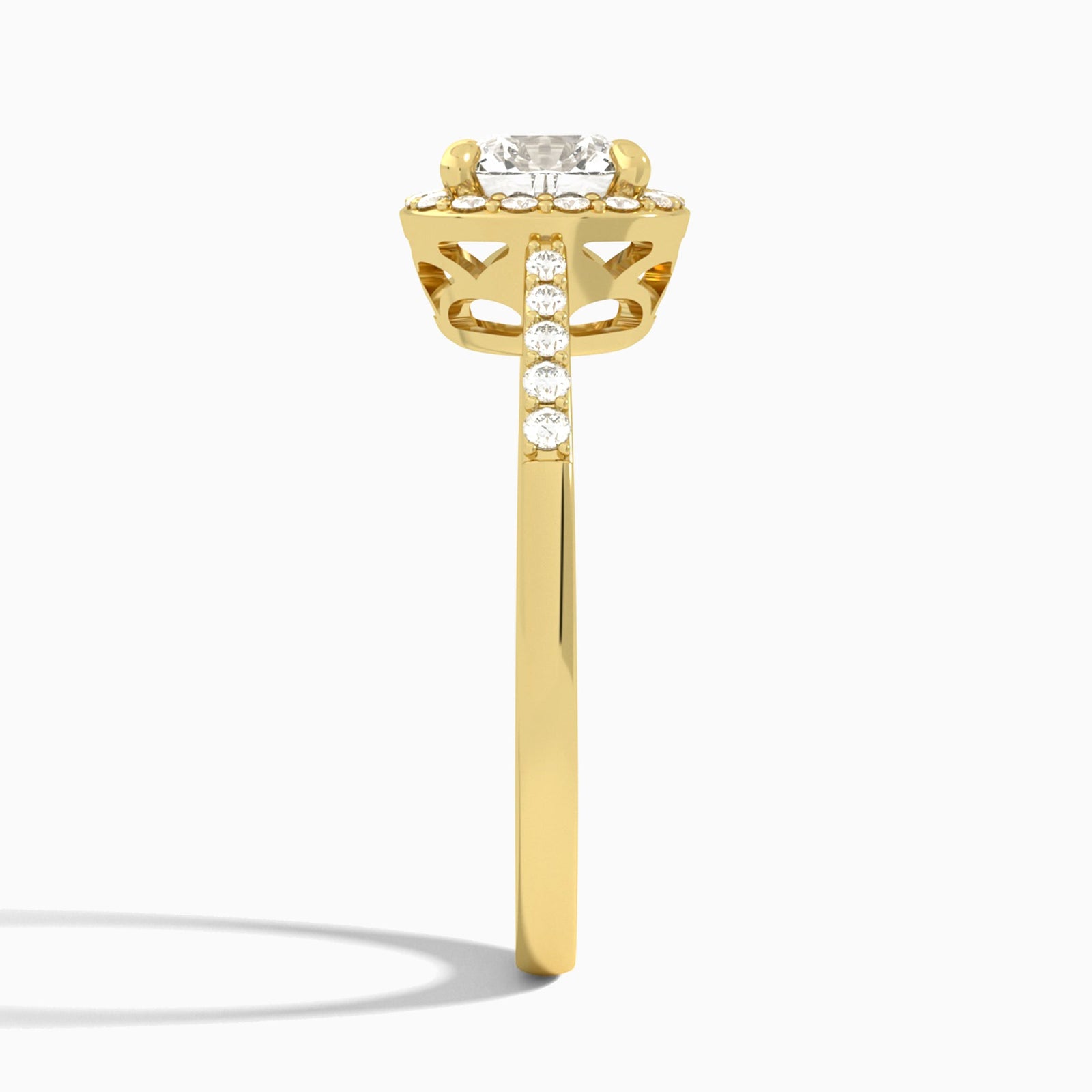 Cushion Sovereign Charm Halo Lab Diamond Engagement Ring In 18K Yellow Gold, Side View