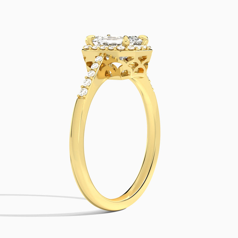 Emerald Sovereign Charm Halo Lab Diamond Engagement Ring In 14K Yellow Gold, Angle View