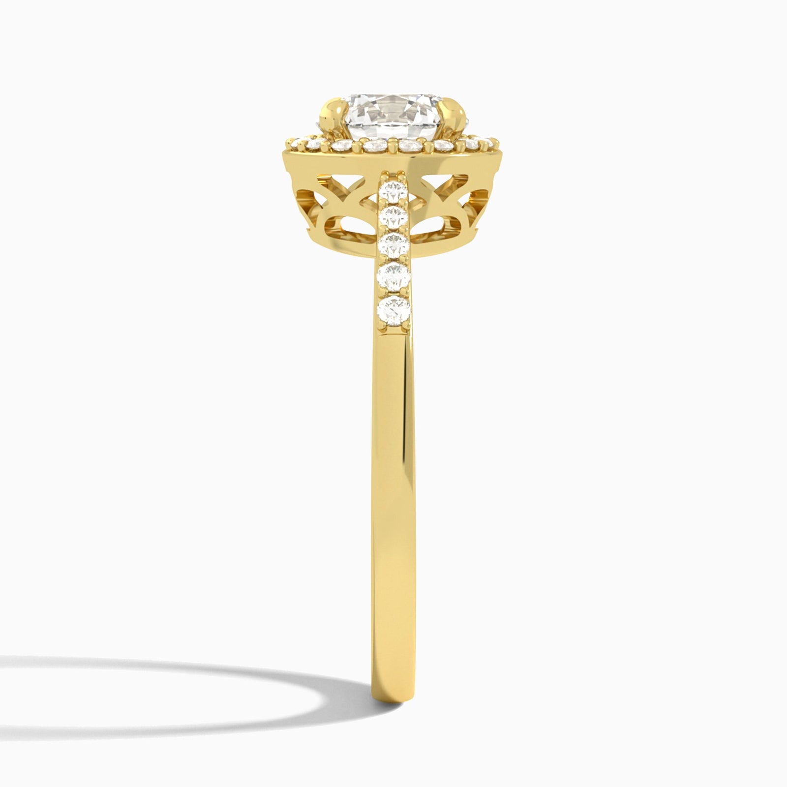 Round Sovereign Charm Halo Lab Diamond Engagement Ring In 14K Yellow Gold, Side View