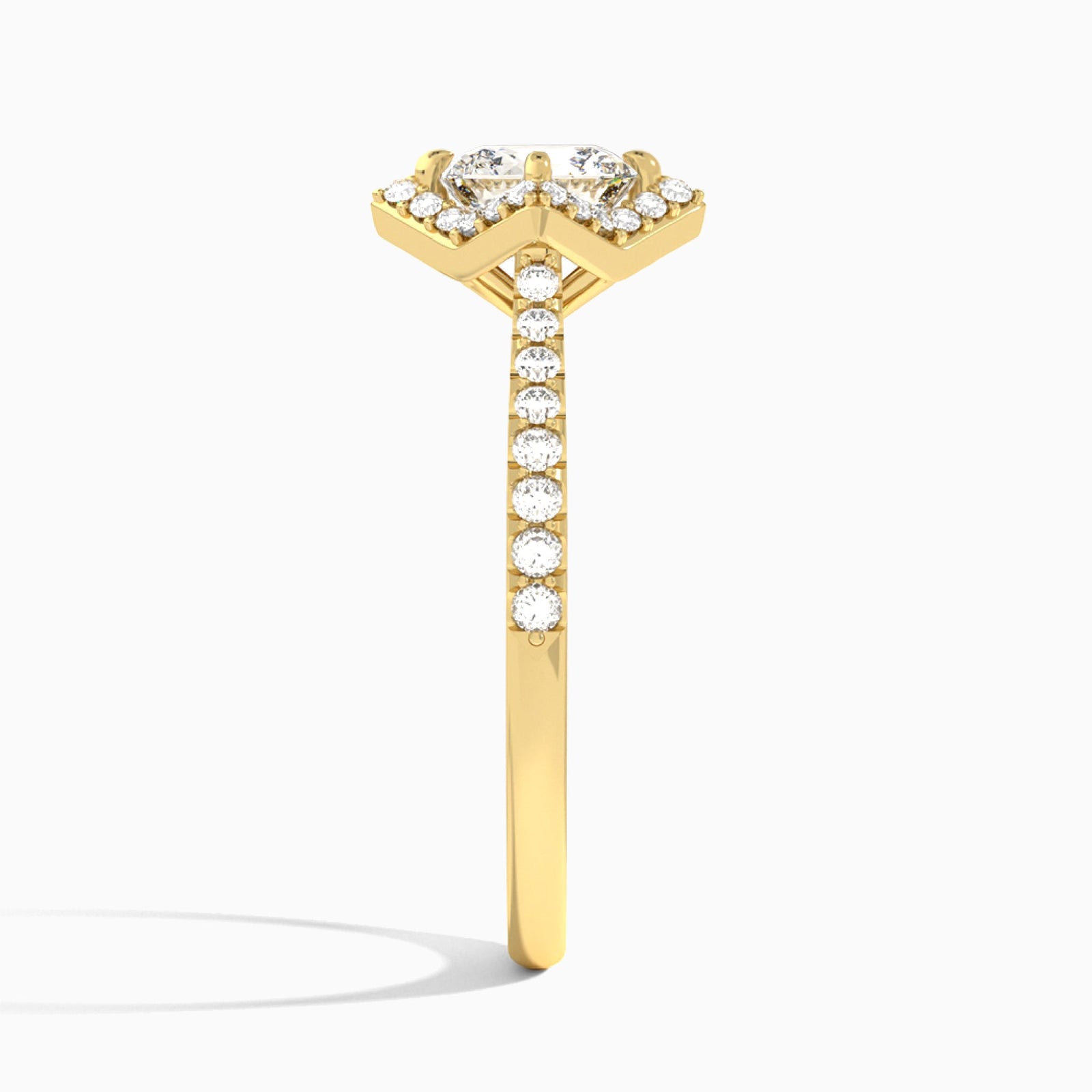 Cushion Luxe Kite Set Lab Diamond Engagement Ring In 18K Yellow Gold, Side View