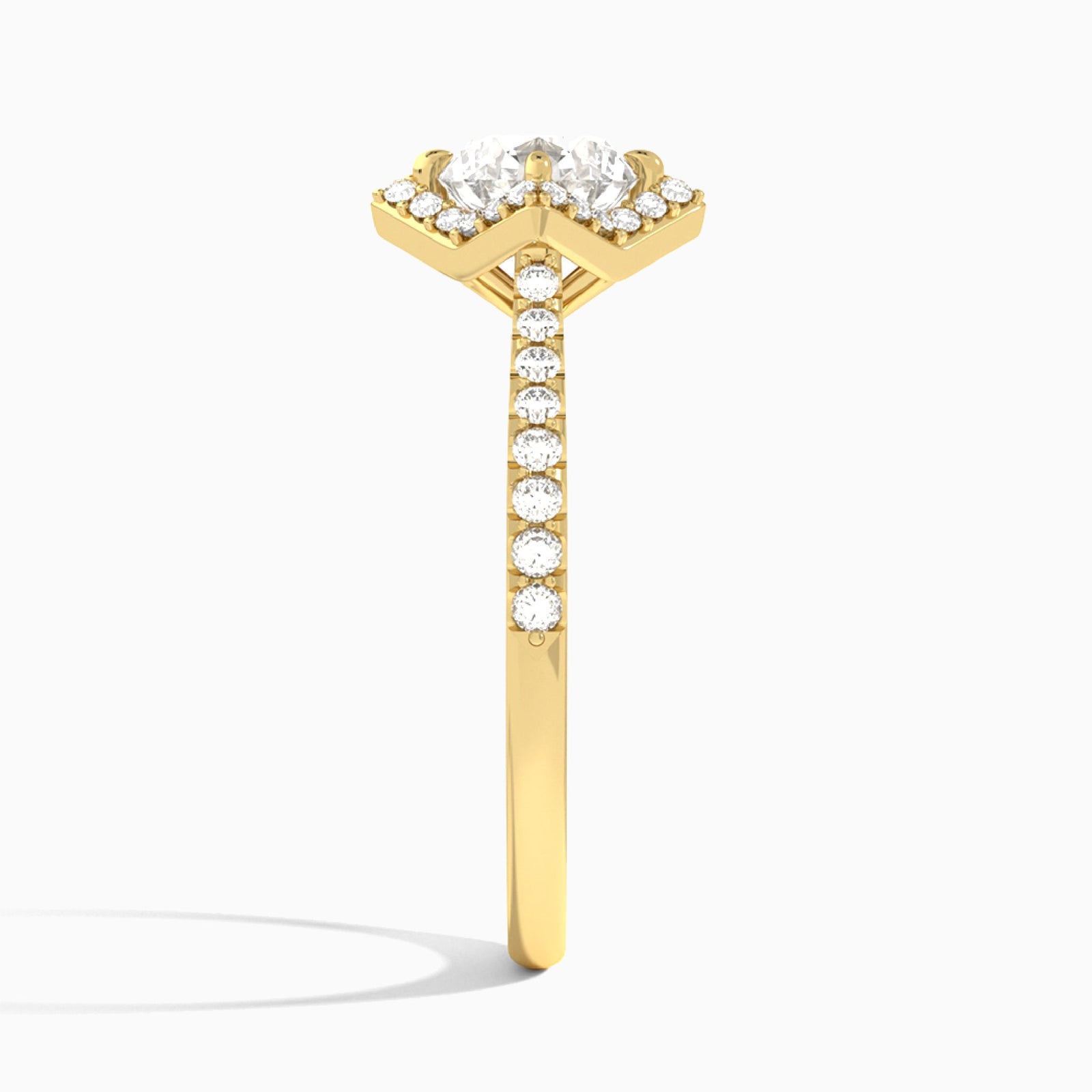 Round Luxe Kite Set Lab Diamond Engagement Ring In 14K Yellow Gold, Side View