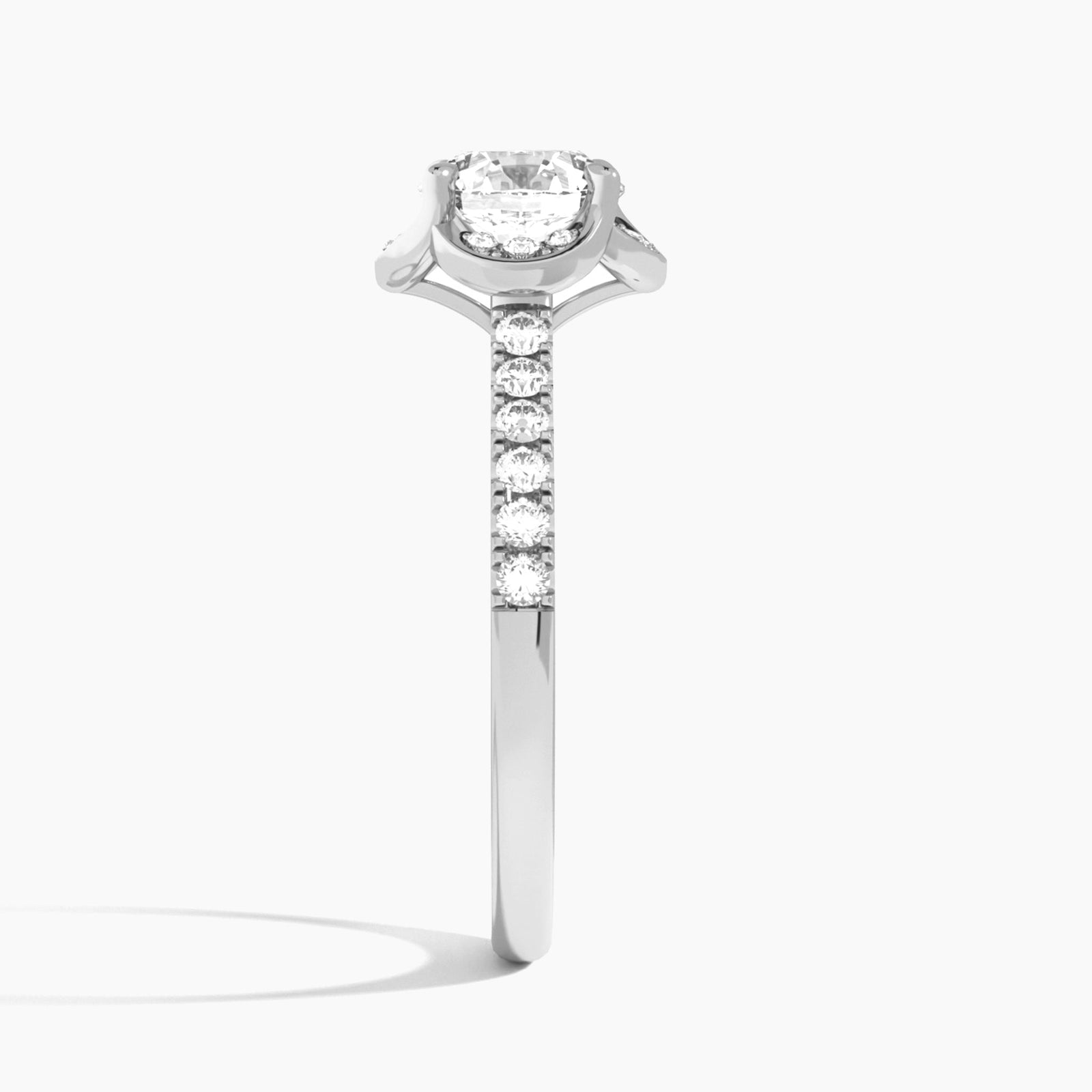 Cushion Eleanor Halo Lab Grown Diamond Engagement Ring In 18K White Gold, Side View