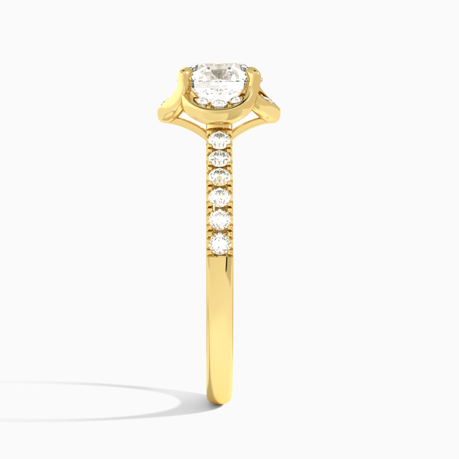 Cushion Eleanor Halo Lab Grown Diamond Engagement Ring In 18K Yellow Gold, Side View