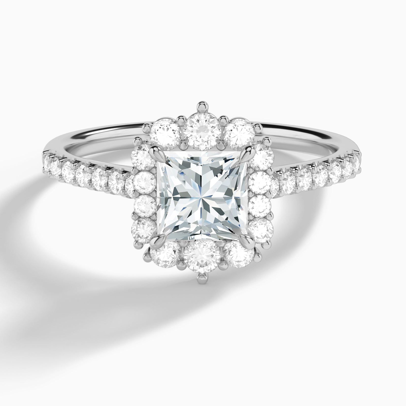 Princess Pointed Graduated Halo Lab Diamond Engagement Ring In 18K White Gold - Lucenjuri
