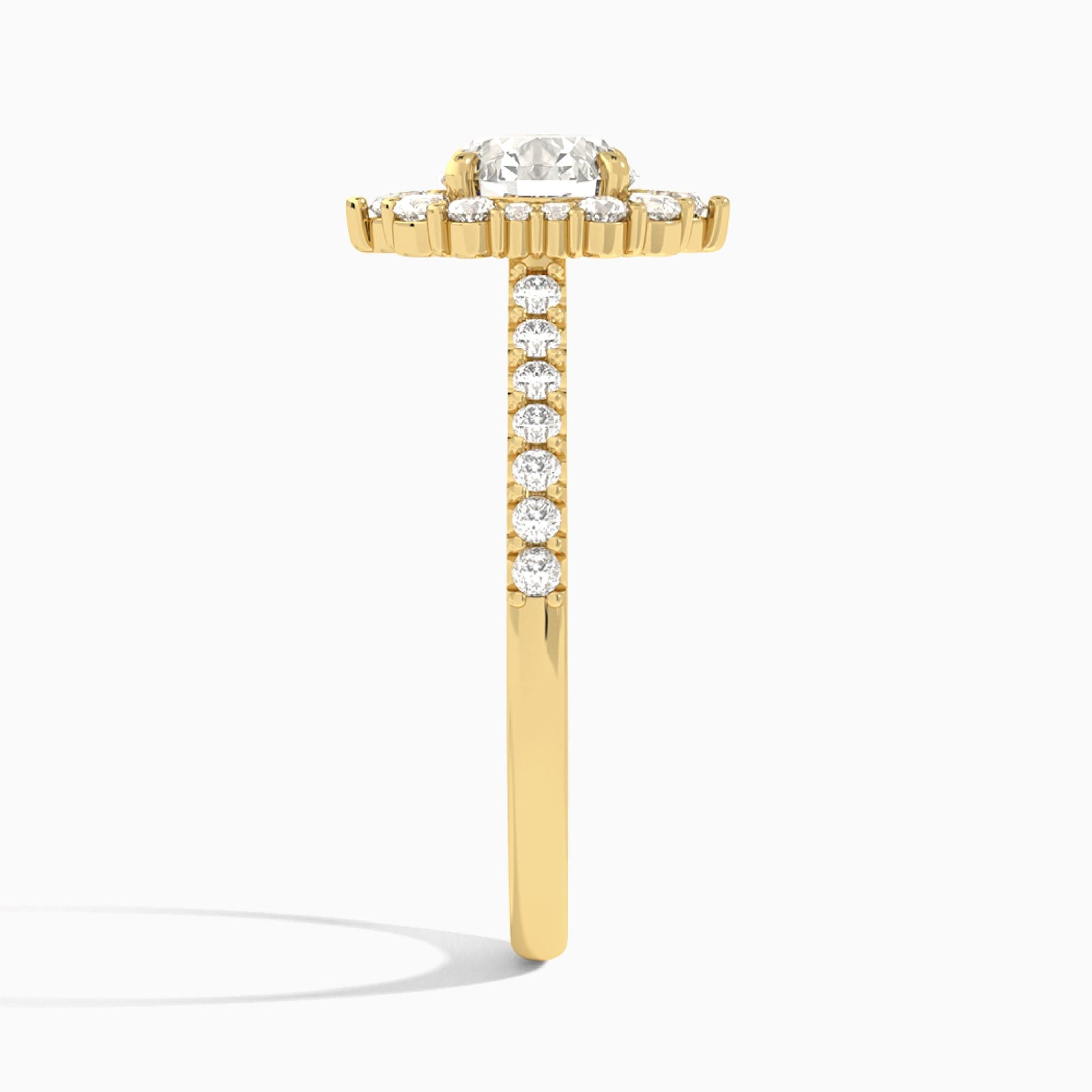 Round Pointed Graduated Halo Lab Diamond Engagement Ring In 18K Yellow Gold, Side View
