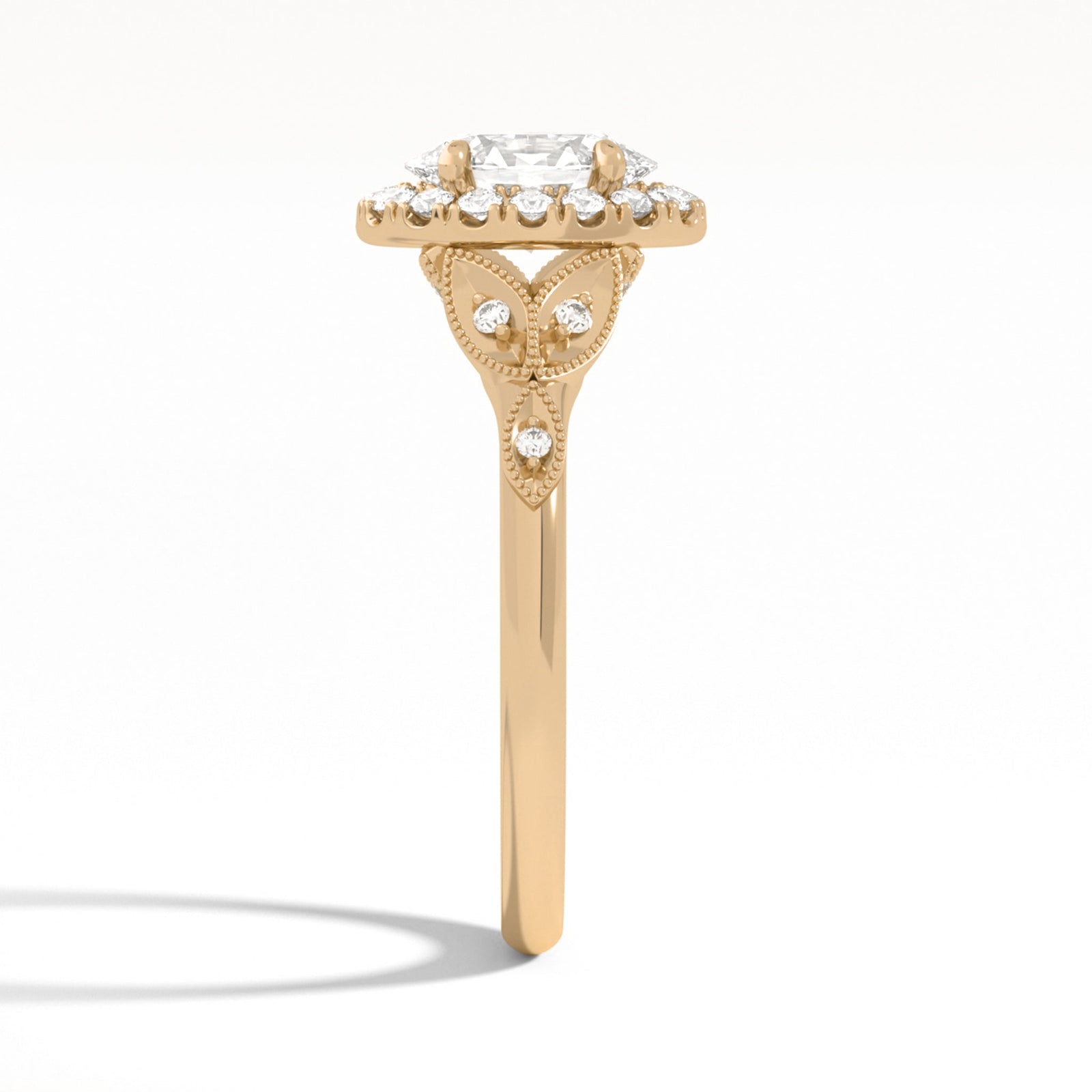 Oval Hyacinth Halo Lab Grown Diamond Engagement Ring In 14K Rose Gold, Side View