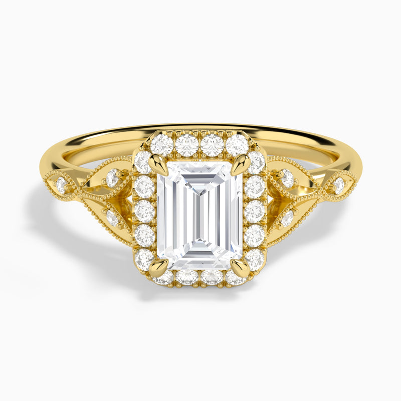 Emerald Hyacinth Halo Lab Diamond Engagement Ring In 14K Yellow Gold - Lucenjuri