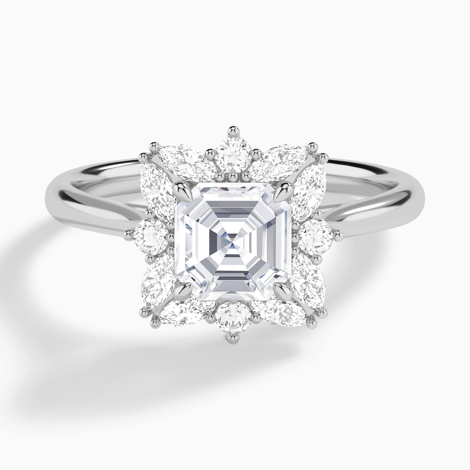 Asscher Marquise Cluster Halo Lab Diamond Engagement Ring In 18K White Gold - Lucenjuri