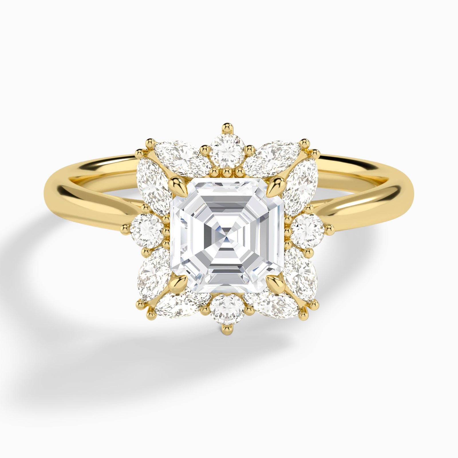 Asscher Marquise Cluster Halo Lab Diamond Engagement Ring In 18K Yellow Gold - Lucenjuri