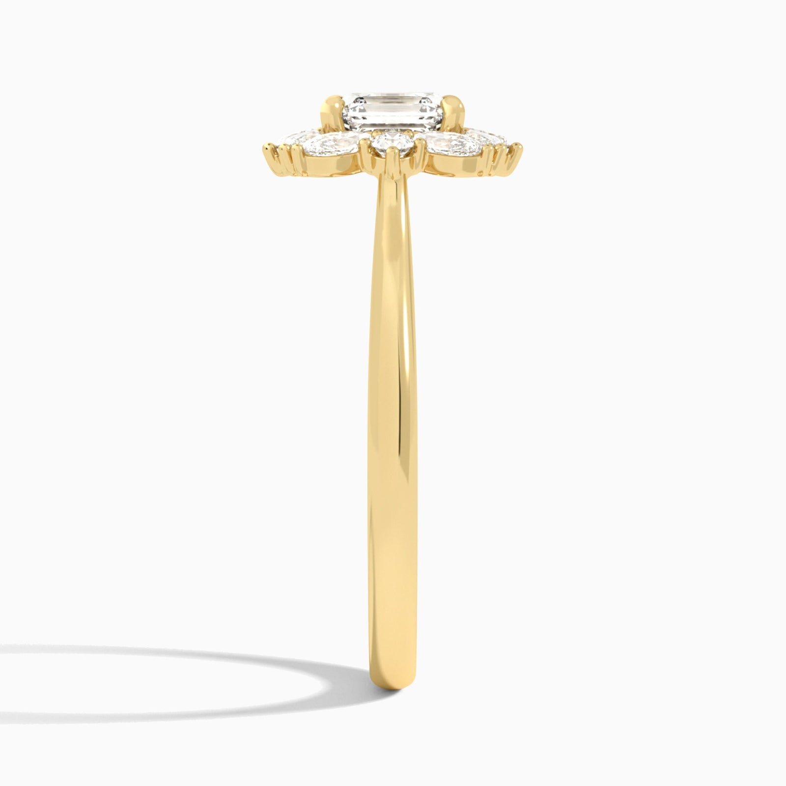 Asscher Marquise Cluster Halo Lab Diamond Engagement Ring In 18K Yellow Gold, Side View