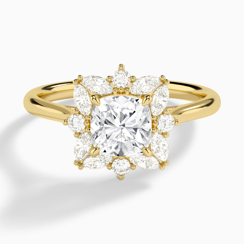 Cushion Marquise Cluster Halo Lab Diamond Engagement Ring In 14K Yellow Gold - Lucenjuri