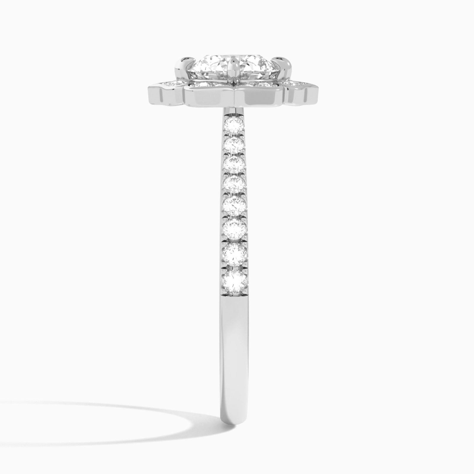 Round Decorated Halo Lab Grown Diamond Engagement Ring In Platinum, Side View