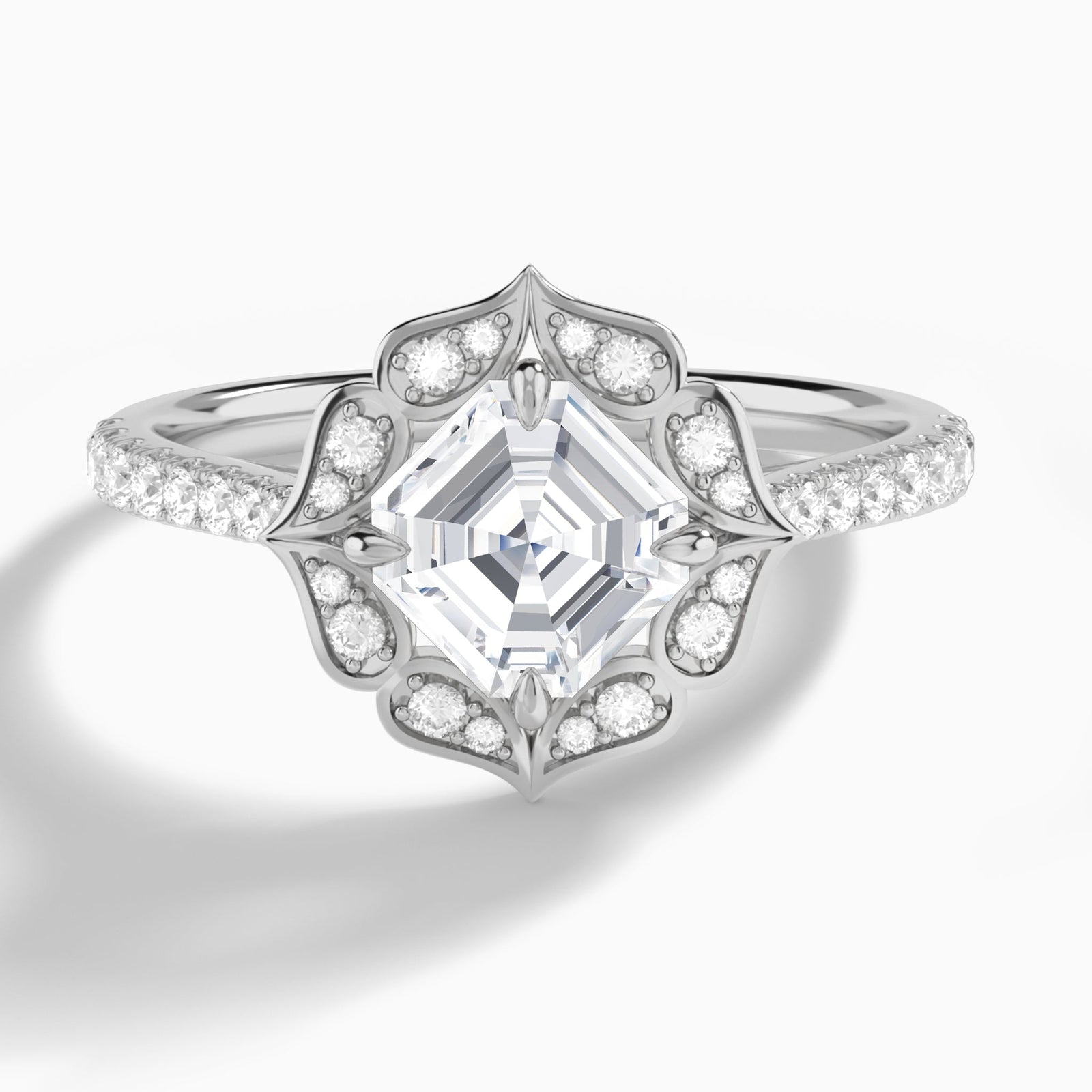 Asscher Decorated Halo Lab Diamond Engagement Ring In 18K White Gold - Lucenjuri