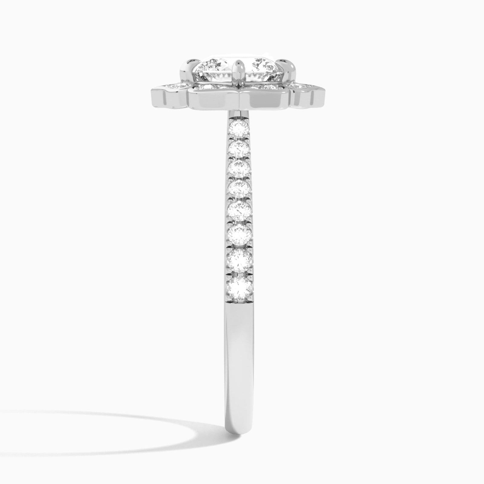 Cushion Decorated Halo Lab Diamond Engagement Ring In 14K White Gold, Side View