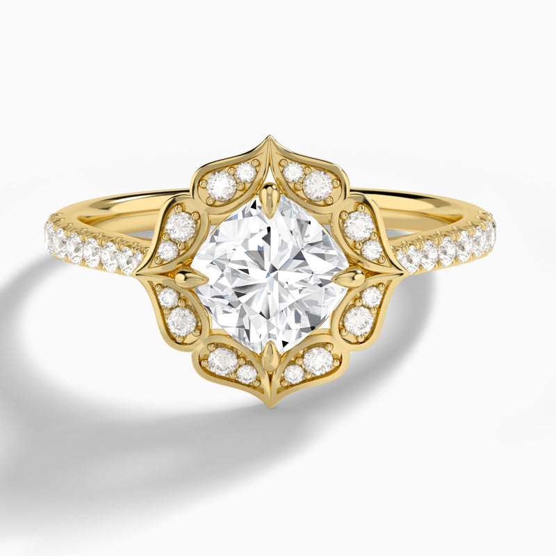 Cushion Decorated Halo Lab Diamond Engagement Ring In 14K Yellow Gold - Lucenjuri