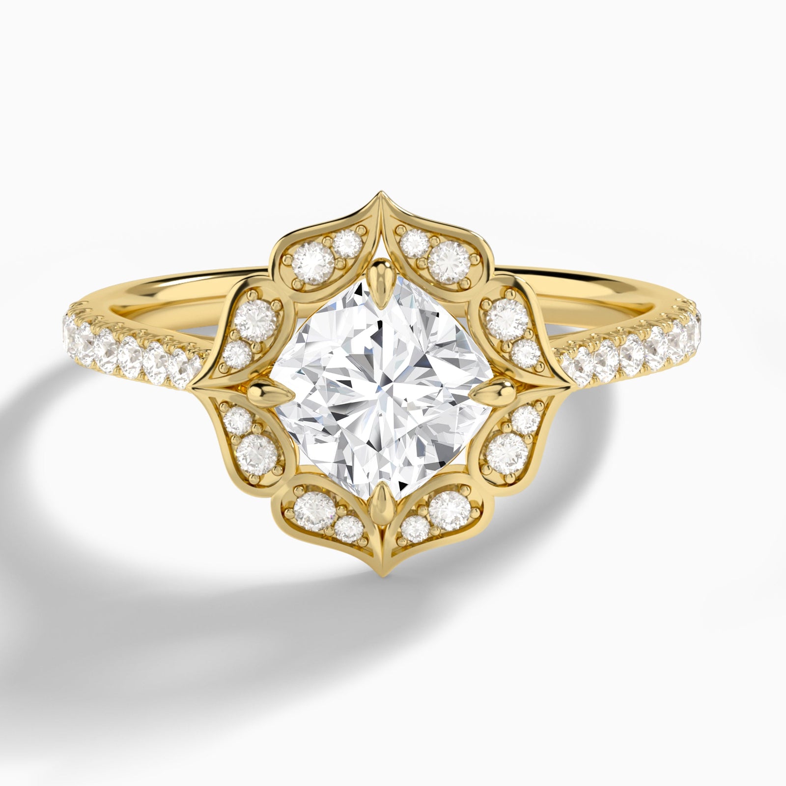 Cushion Decorated Halo Lab Diamond Engagement Ring In 18K Yellow Gold - Lucenjuri