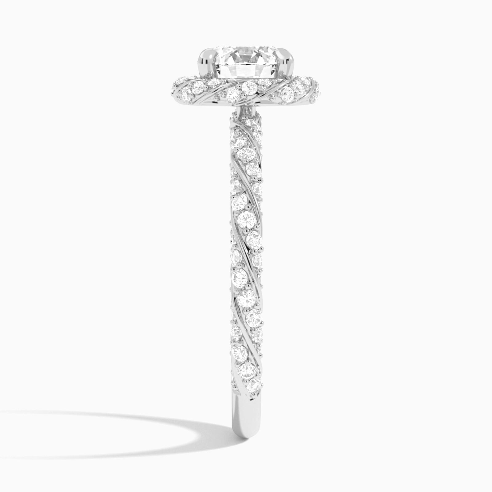Round Luxe Twisted Shank Halo Lab Diamond Engagement Ring In Platinum, Side View