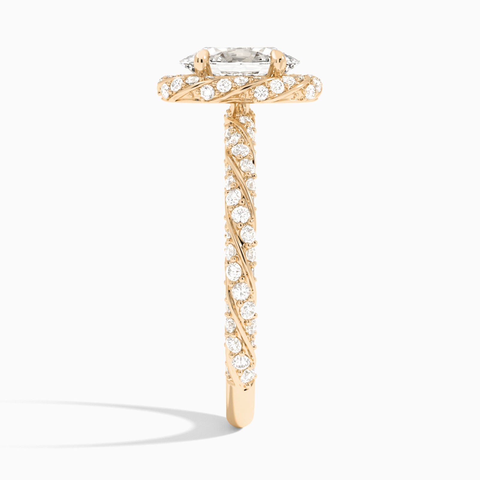 Oval Luxe Twisted Shank Halo Lab Diamond Engagement Ring In 14K Rose Gold, Side View