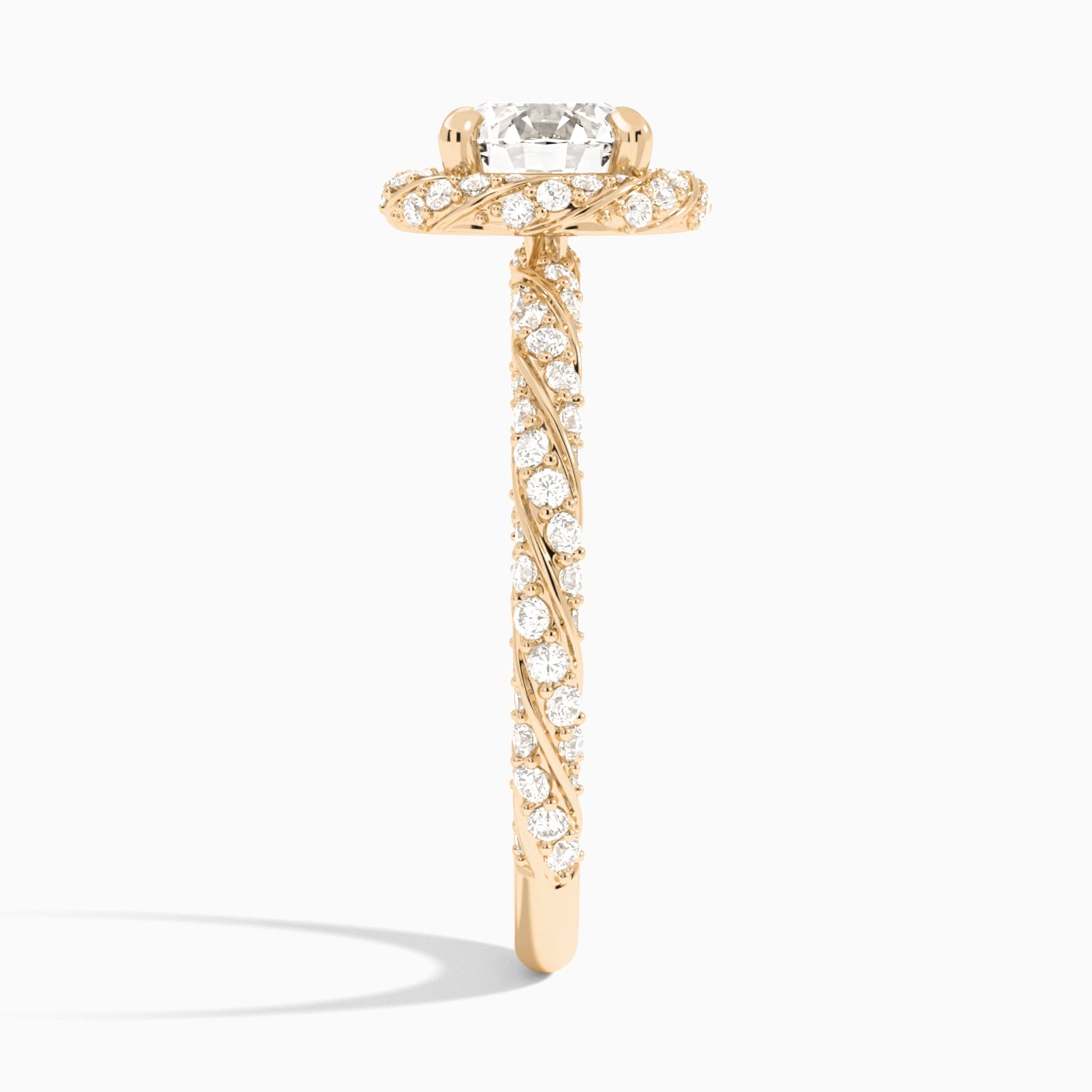Round Luxe Twisted Shank Halo Lab Diamond Engagement Ring In 14K Rose Gold, Side View