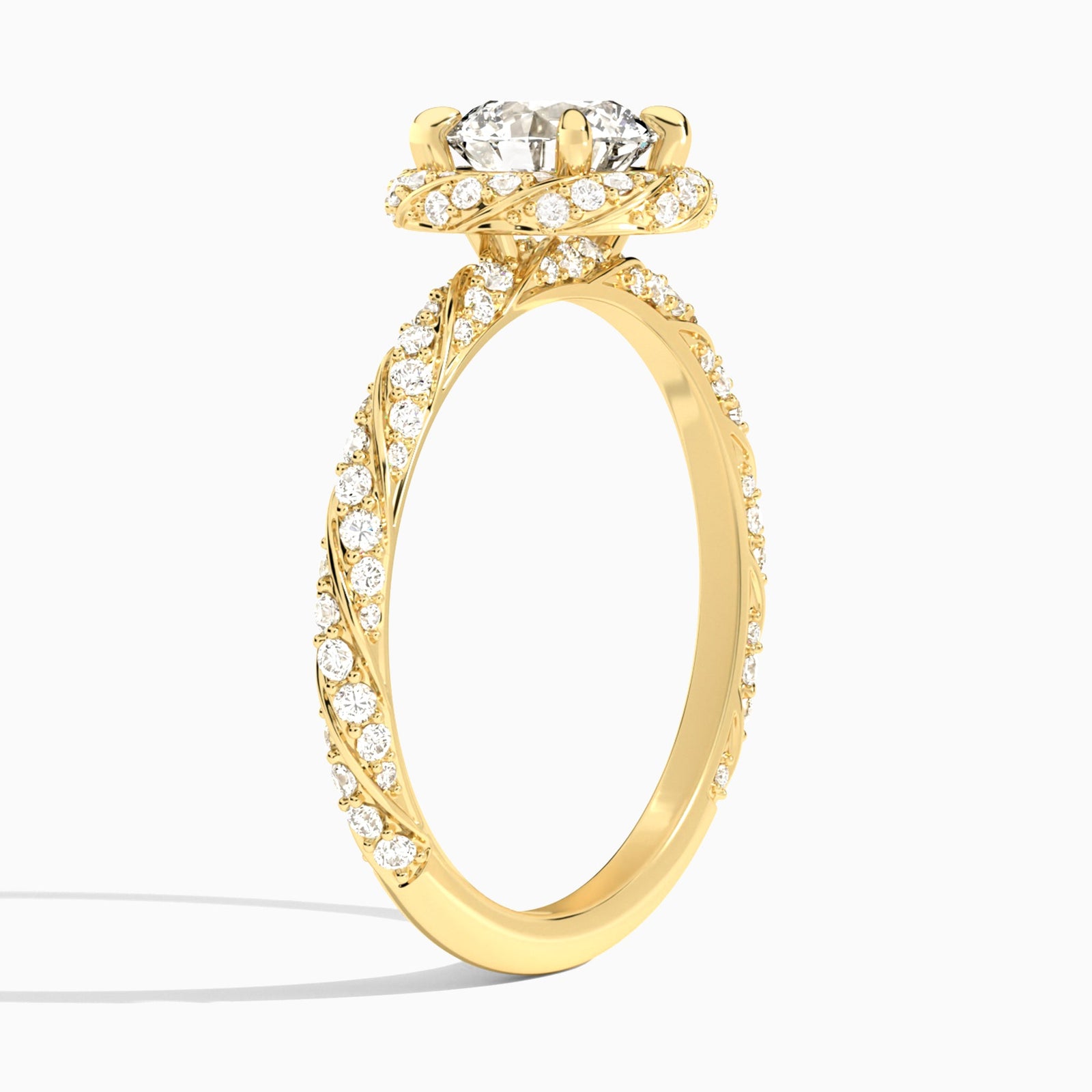Round Luxe Twisted Shank Halo Lab Diamond Engagement Ring In 14K Yellow Gold, Angle View