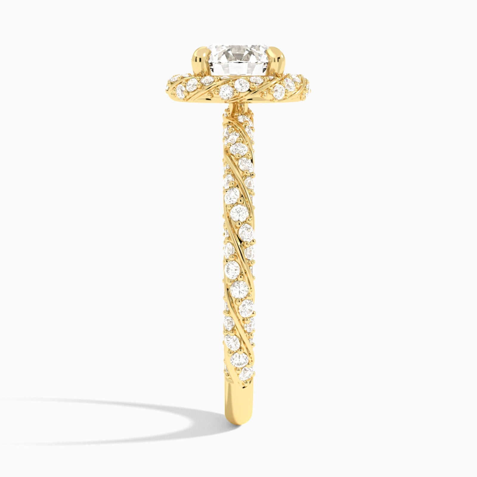 Round Luxe Twisted Shank Halo Lab Diamond Engagement Ring In 14K Yellow Gold, Side View