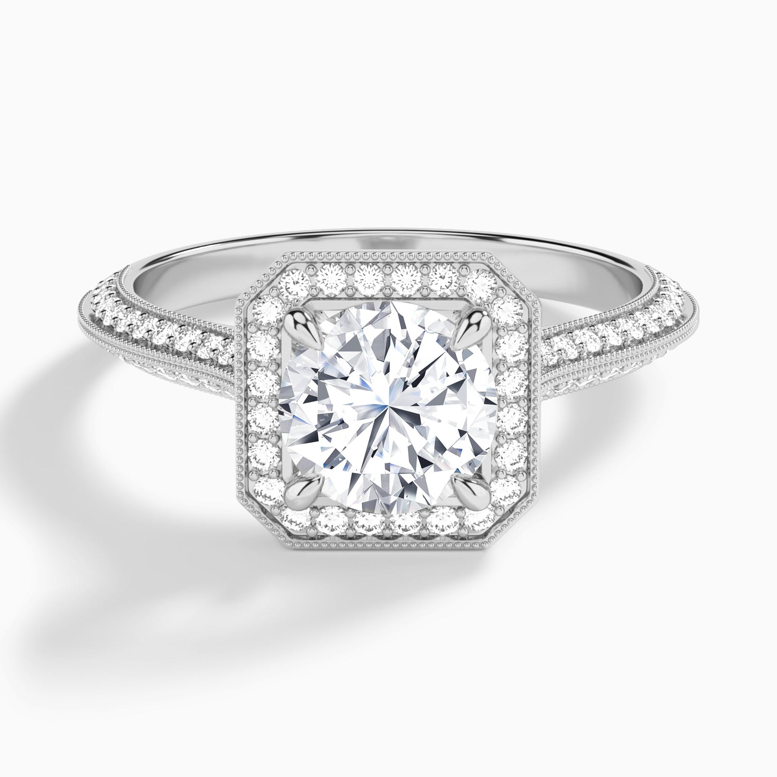 Round Luxe Octagon Knife Edge Halo Lab Diamond Engagement Ring In 18K White Gold - Lucenjuri