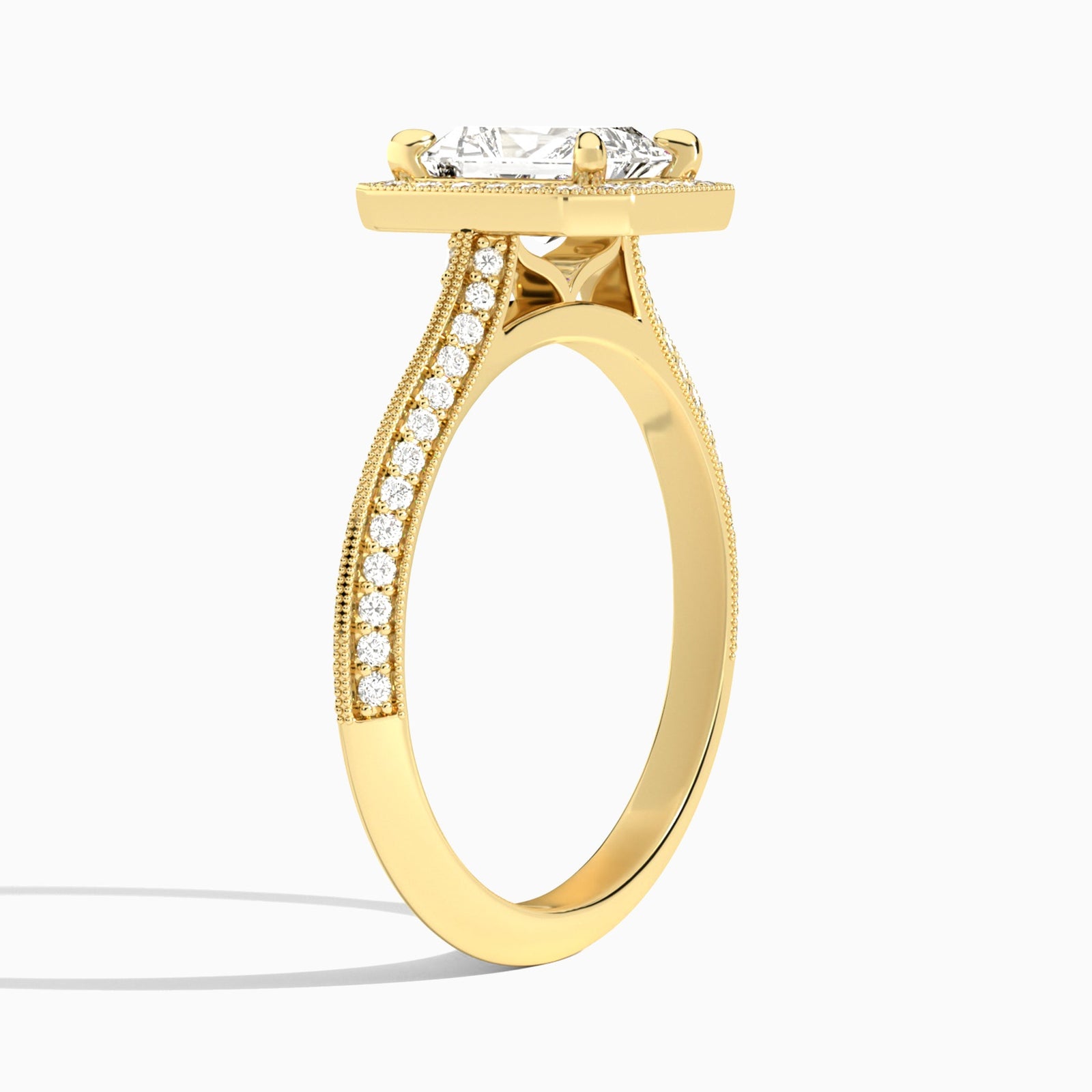 Radiant Luxe Octagon Knife Edge Halo Lab Diamond Engagement Ring In 14K Yellow Gold, Angle View