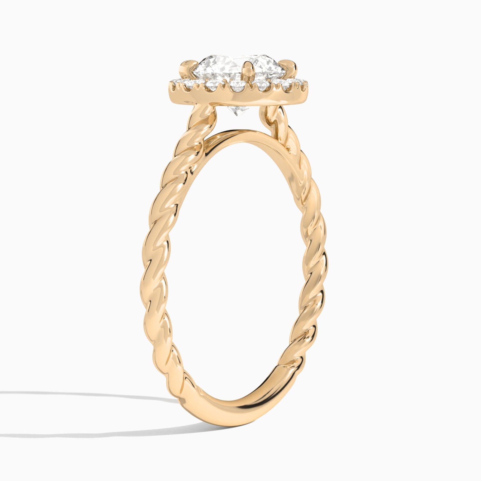 Round Halo Cabled Lab Grown Diamond Engagement Ring In 14K Rose Gold, Angle View