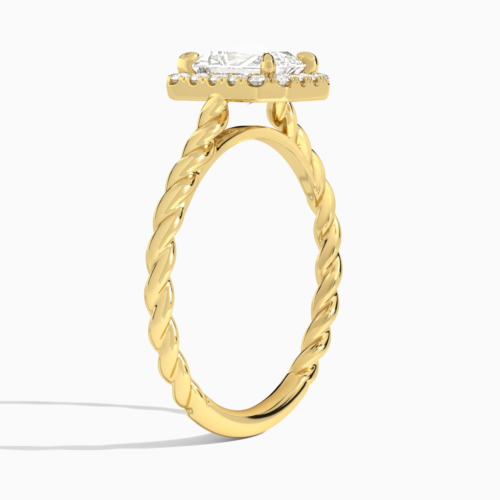 Radiant Halo Cabled Lab Grown Diamond Engagement Ring In 14K Yellow Gold, Angle View