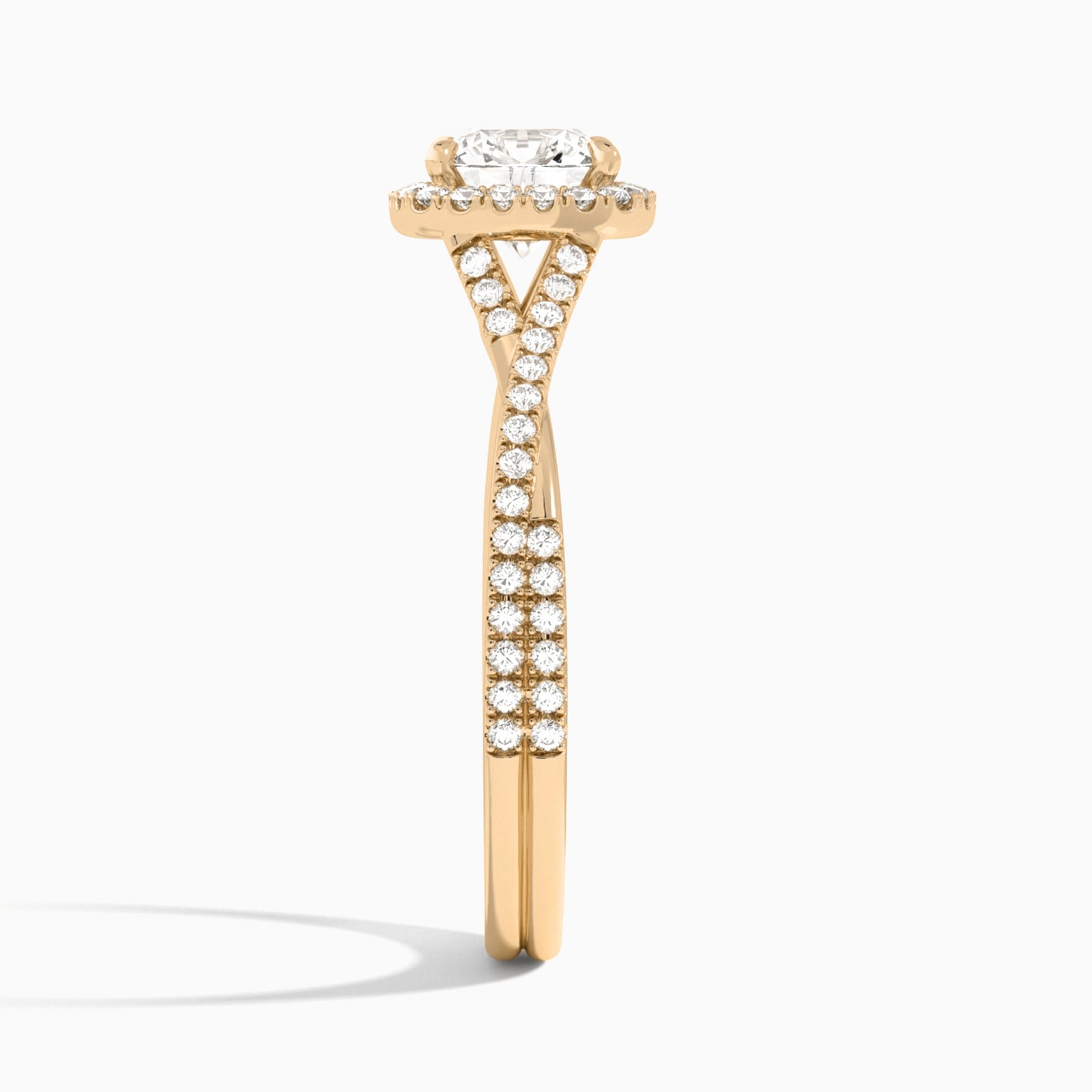 Round Luxe Halo And Twisted Shank Lab Diamond Engagement Ring In 14K Rose Gold, Side View