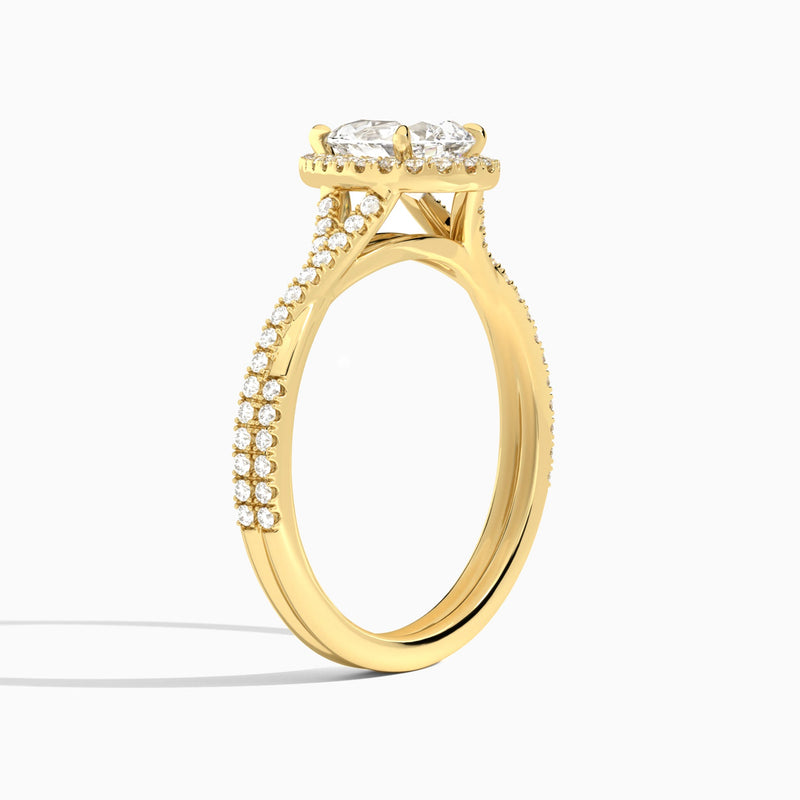 Pear Luxe Halo And Twisted Shank Lab Diamond Engagement Ring In 14K Yellow Gold, Angle View