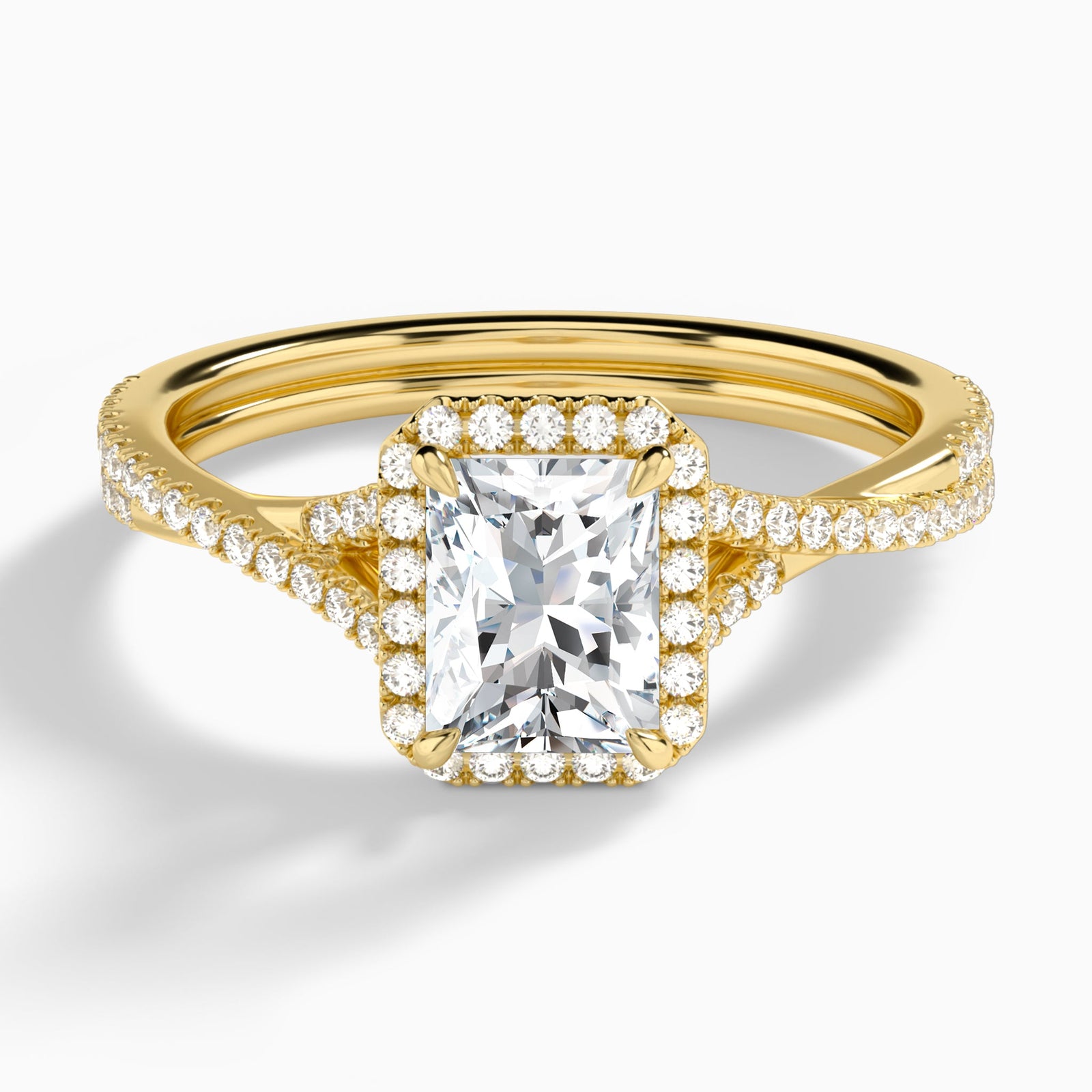 Radiant Luxe Halo And Twisted Shank Lab Diamond Engagement Ring In 14K Yellow Gold - Lucenjuri