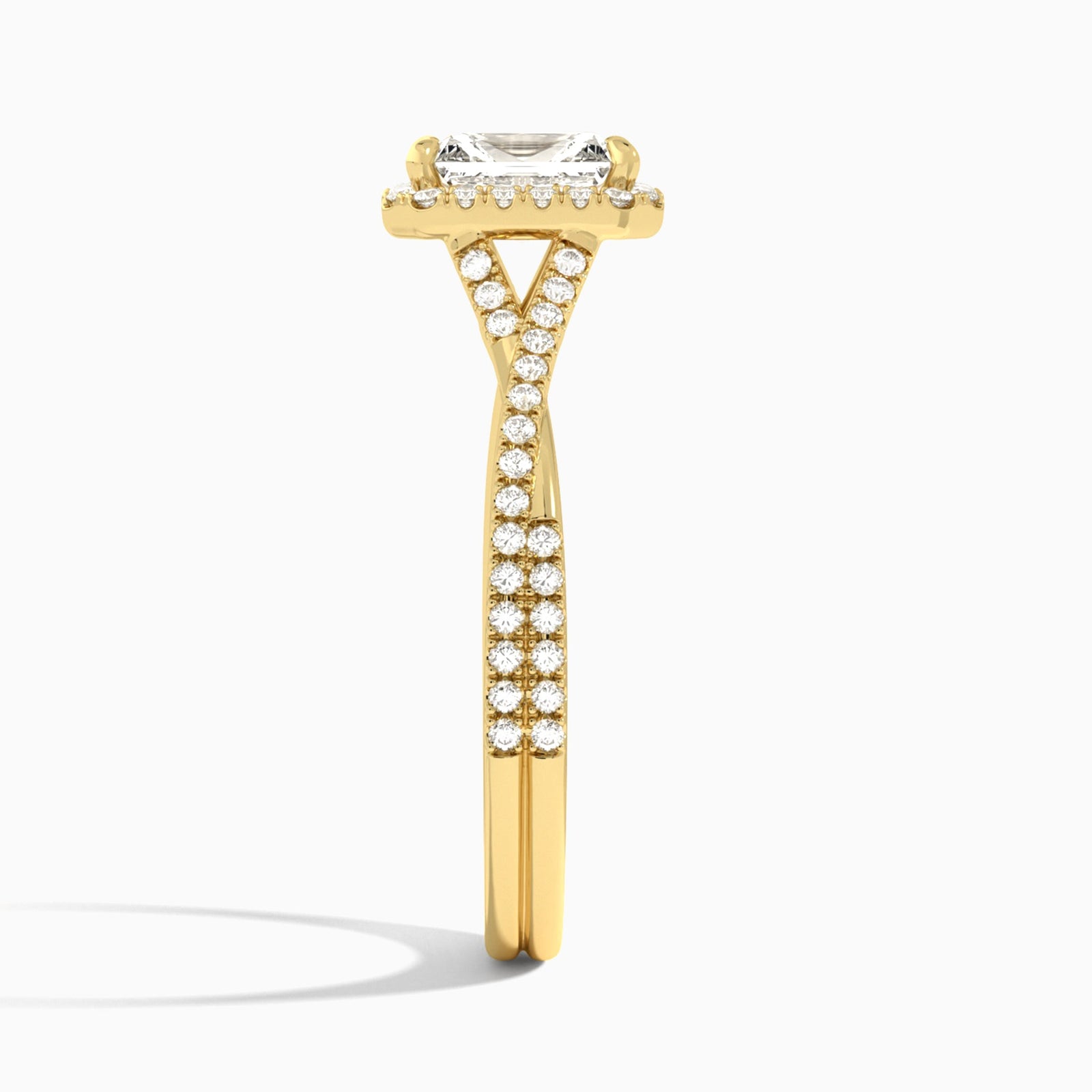 Radiant Luxe Halo And Twisted Shank Lab Diamond Engagement Ring In 14K Yellow Gold, Side View