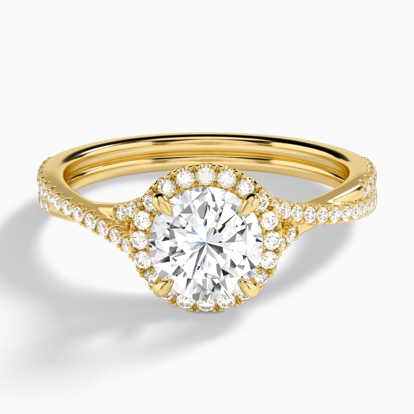 Round Luxe Halo And Twisted Shank Lab Diamond Engagement Ring In 14K Yellow Gold - Lucenjuri