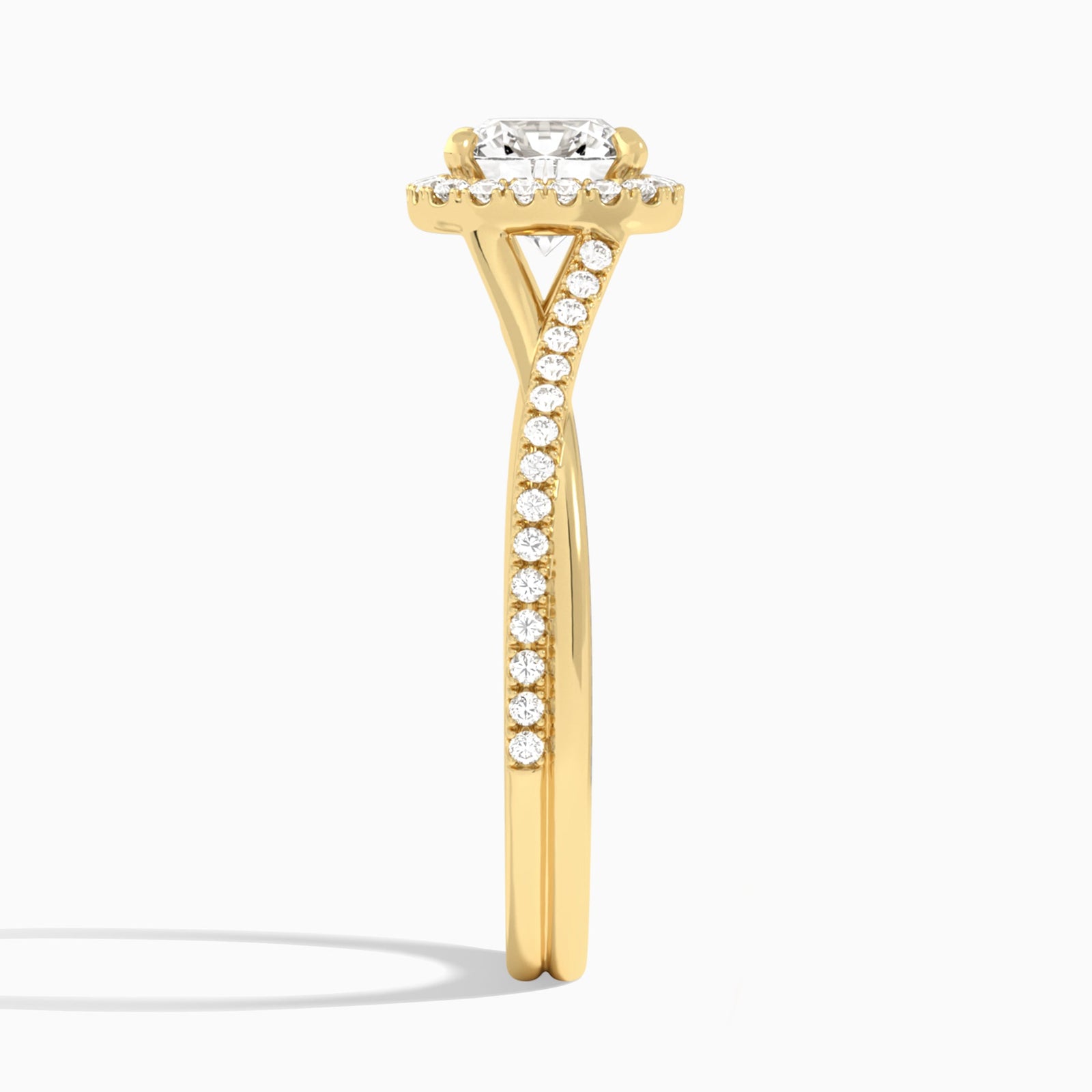 Cushion Halo Twisted Shank Lab Diamond Engagement Ring In 18K Yellow Gold, Side View