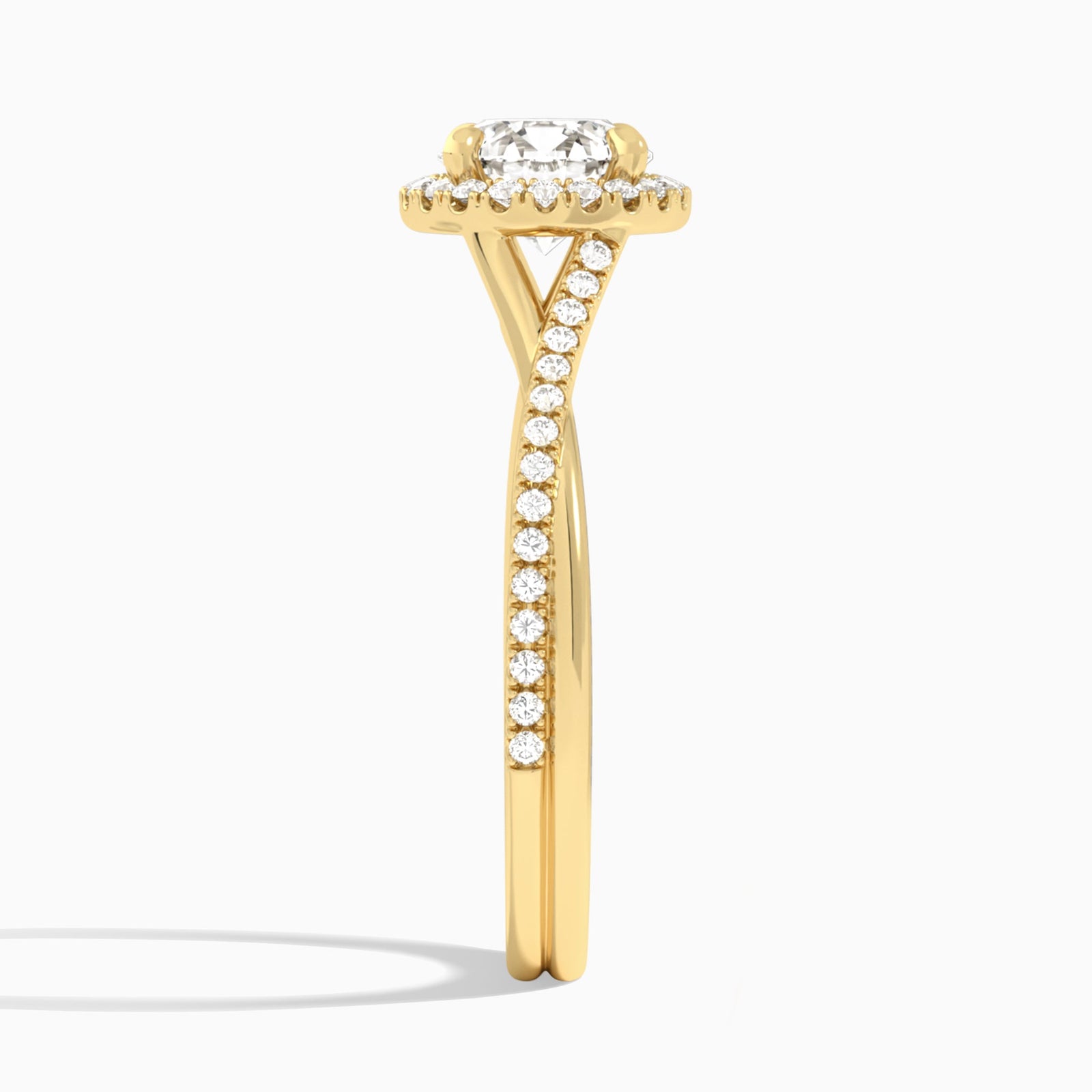 Round Halo Twisted Shank Lab Diamond Engagement Ring In 18K Yellow Gold, Side View