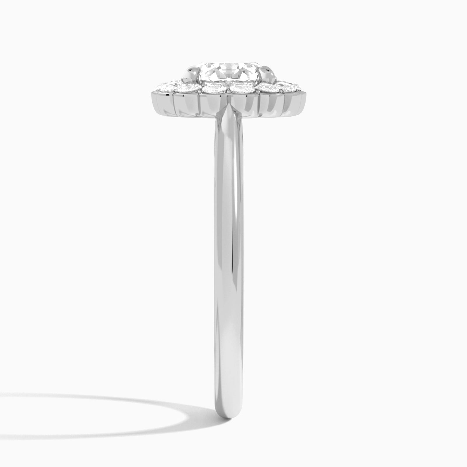 Round Floral Halo Lab Grown Diamond Engagement Ring In Platinum, Side View